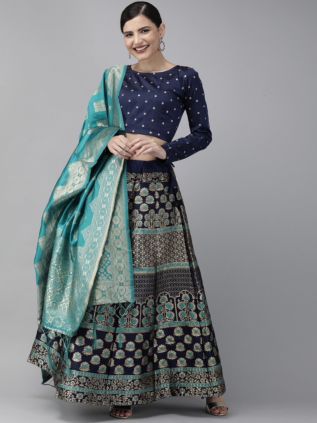 DIVASTRI Navy Blue & Green Woven Design Semi-Stitched Lehenga & Unstitched Blouse with Dupatta Price in India