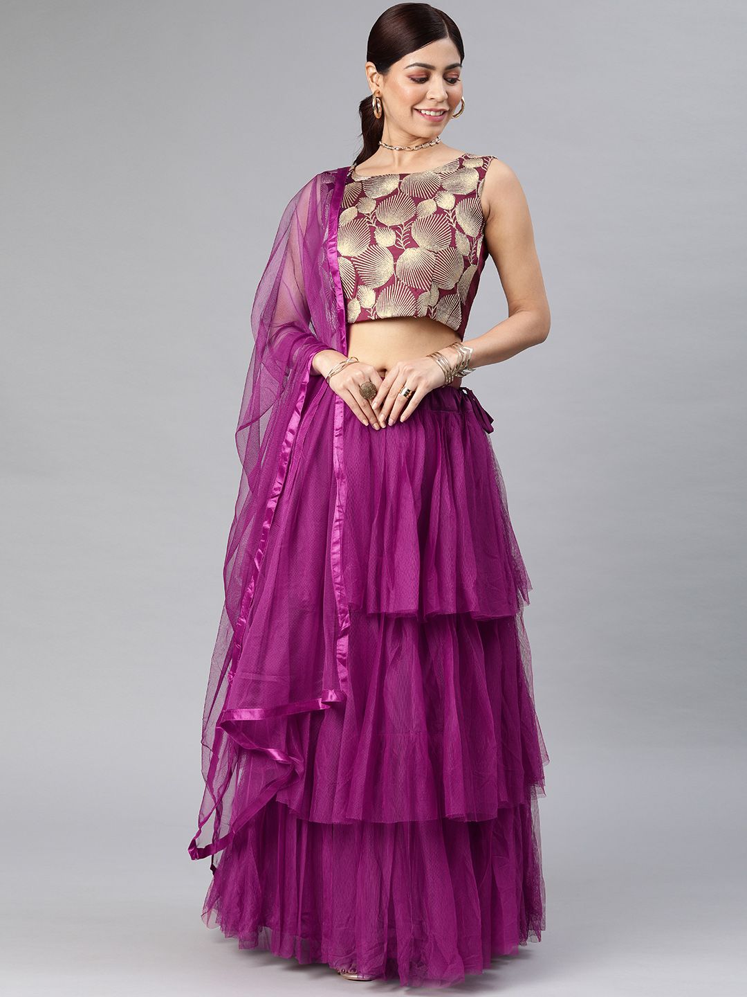 DIVASTRI Purple Embroidered Semi-Stitched Tiered Lehenga & Unstitched Blouse with Dupatta Price in India