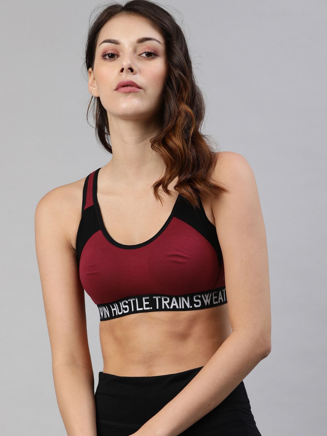 Van Heusen Maroon & Black Printed Non-Wired Non Padded Workout Bra Price in India