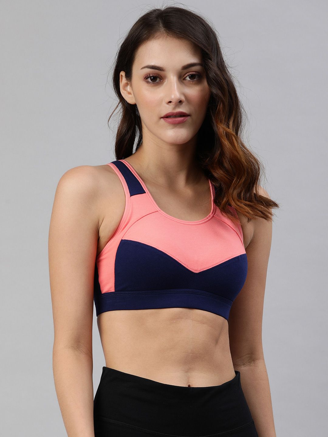 Van Heusen Navy Blue & Pink Colourblocked Non-Wired Lightly Padded Workout Bra Price in India