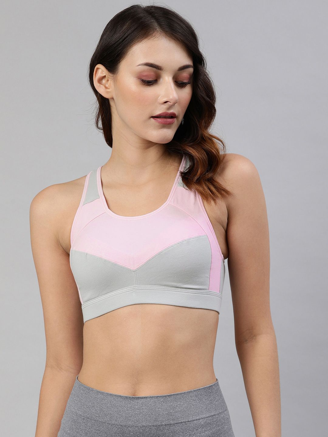 Van Heusen Grey & Pink Colourblocked Non-Wired Lightly Padded Workout Bra Price in India