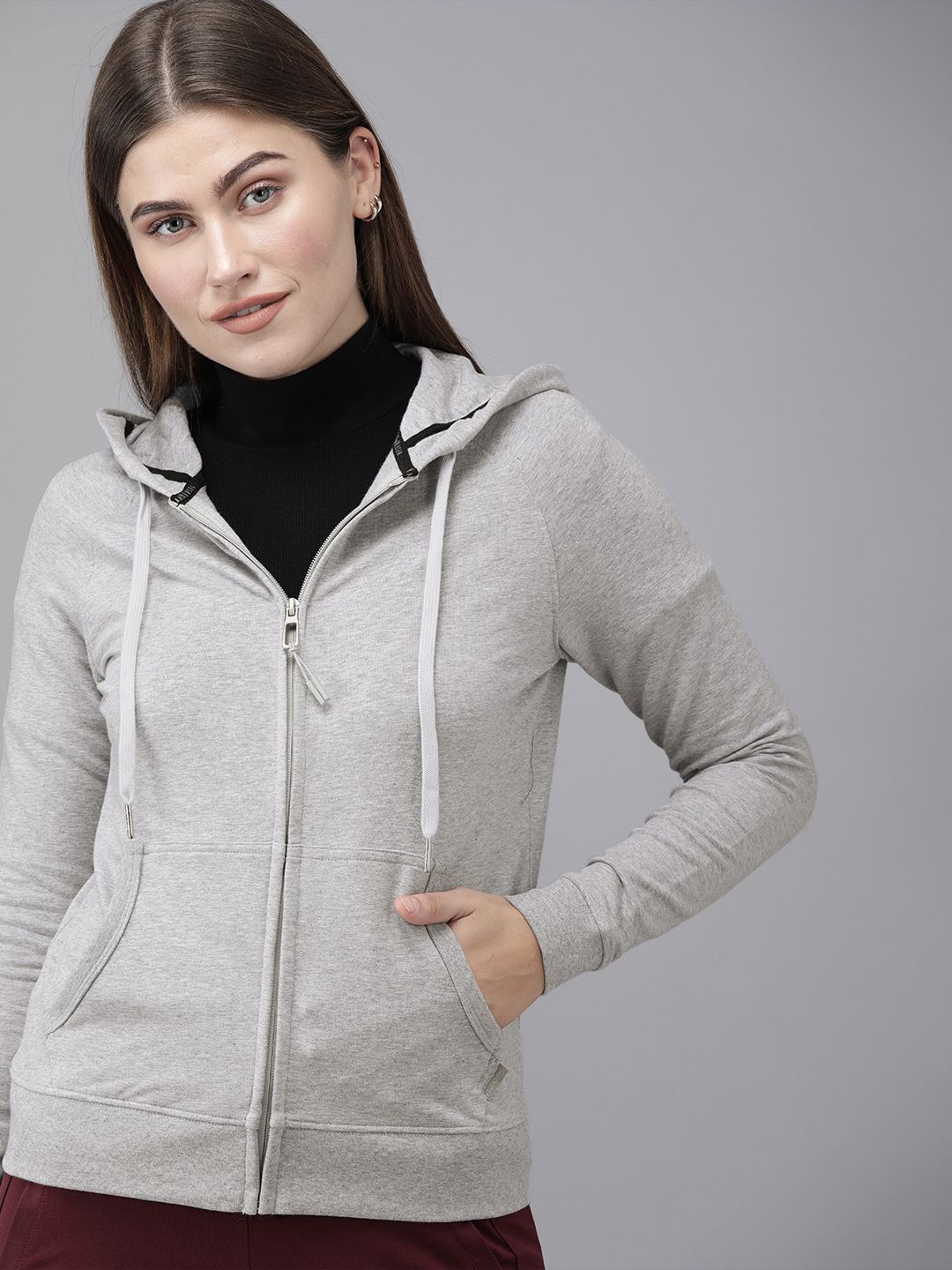 Van Heusen Woman Grey Melange Solid VirotechTM Hooded Sweatshirt Price in India