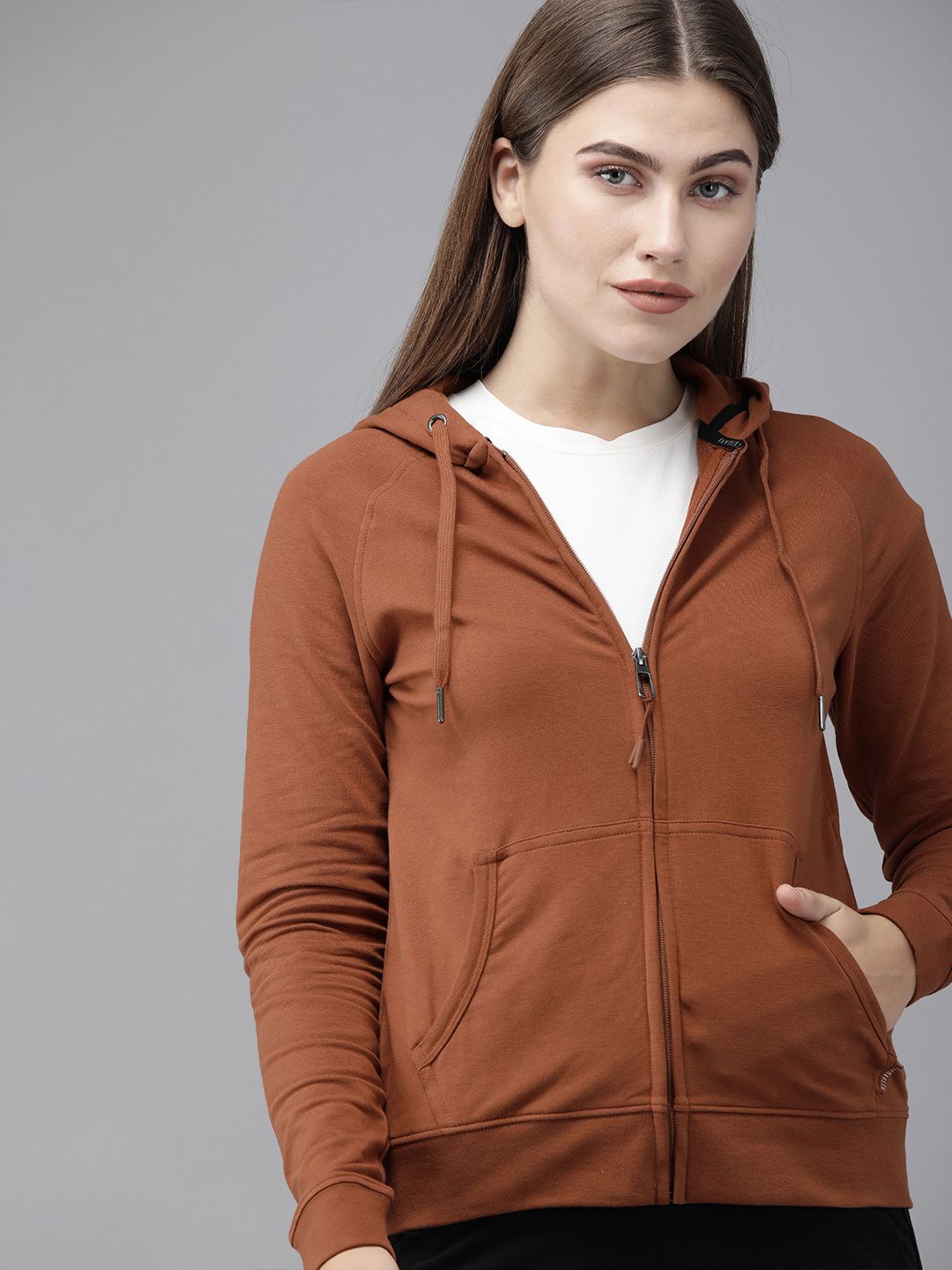 Van Heusen Woman Women Rust Brown Solid Hooded Sweatshirt Price in India