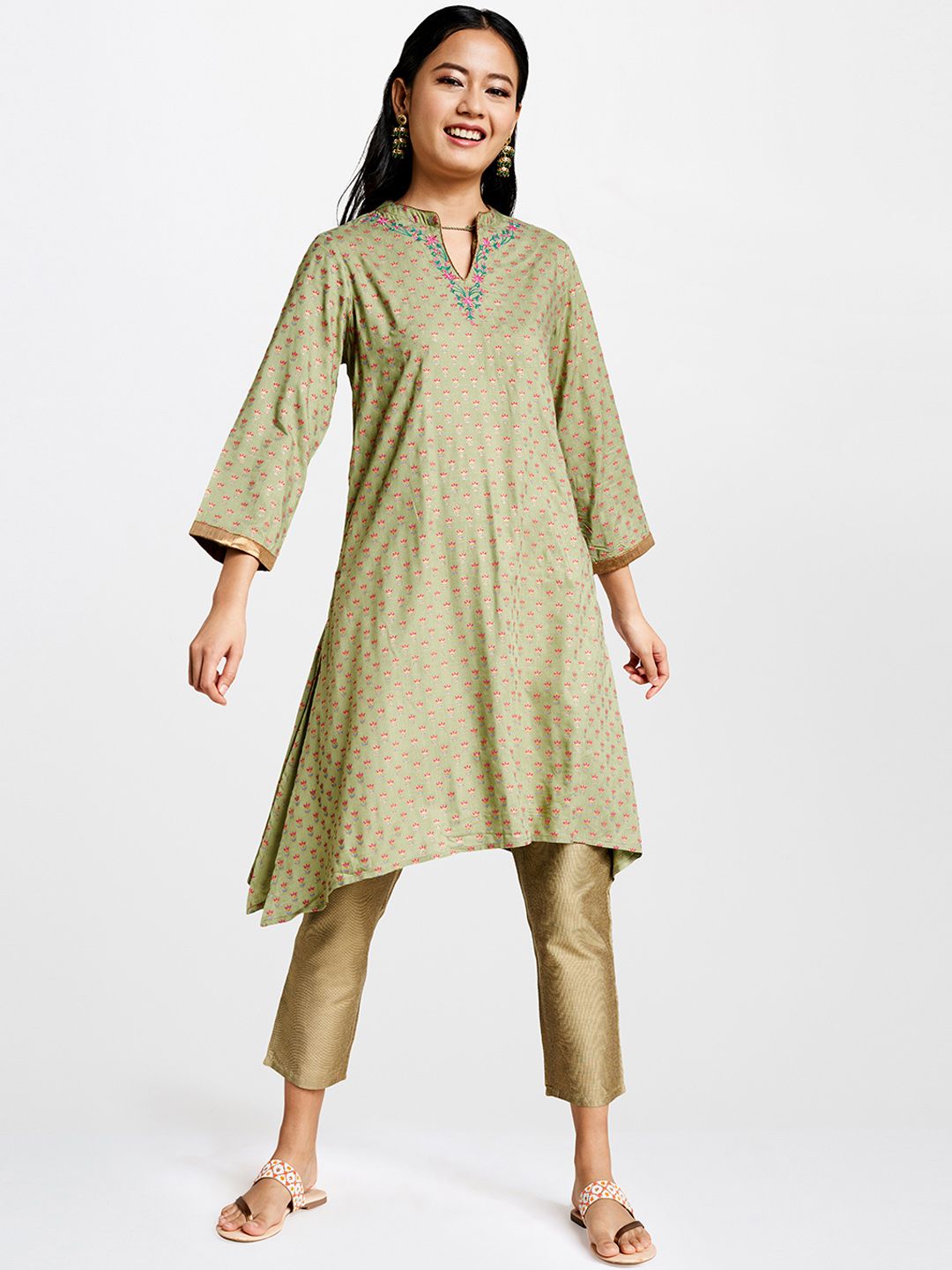 Global Desi Women Green & Pink Floral Printed Embroidery Detail A-Line Kurta Price in India