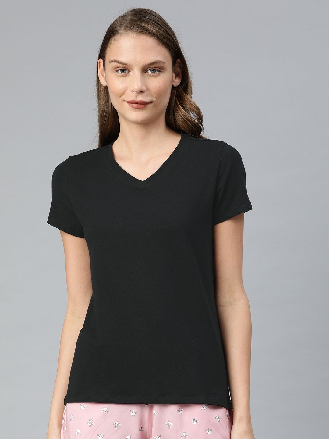 Van Heusen Women Black Solid V-Neck Lounge T-shirt Price in India