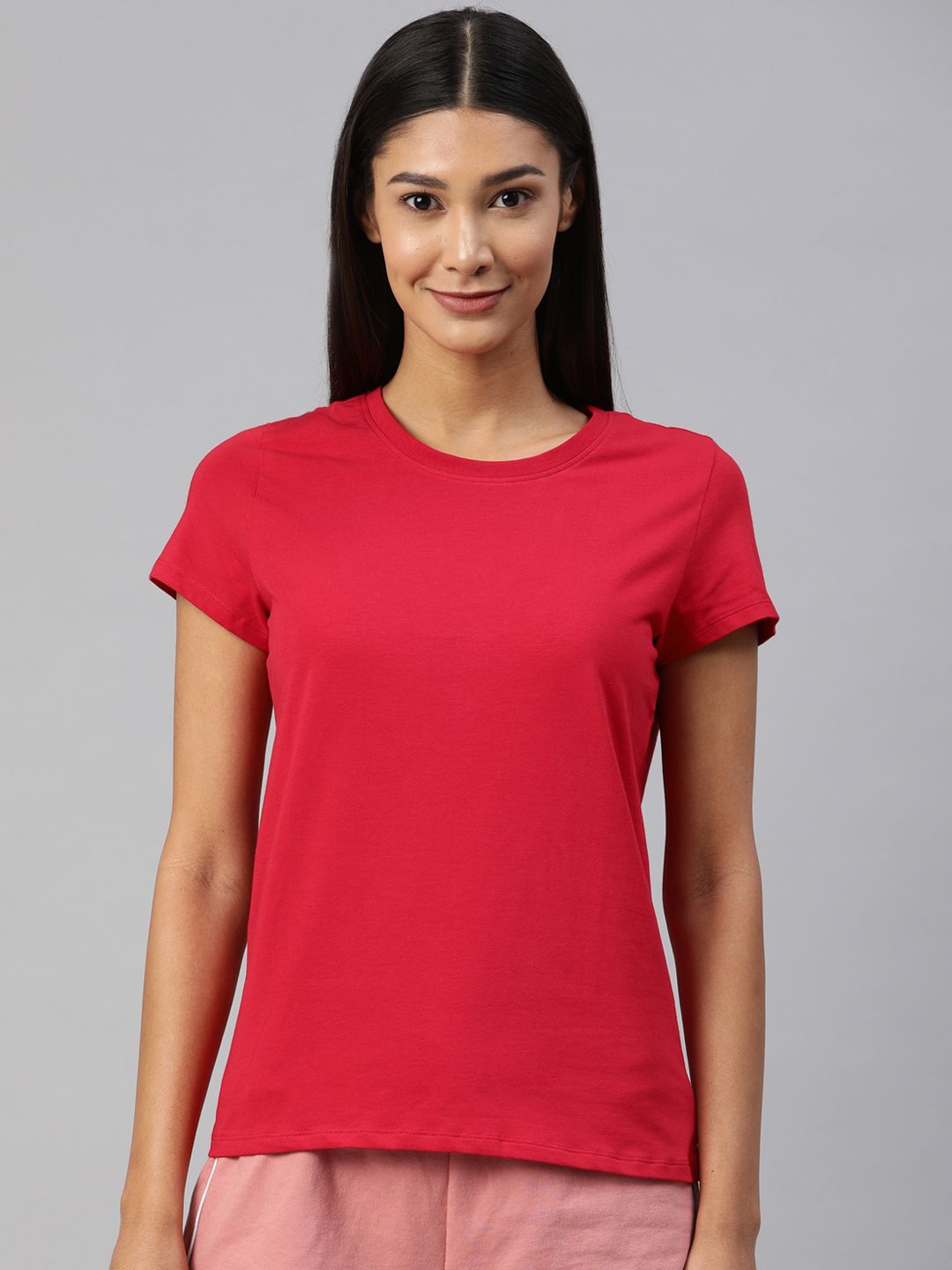Van Heusen Women Red Solid Round Neck Lounge T-Shirts Price in India