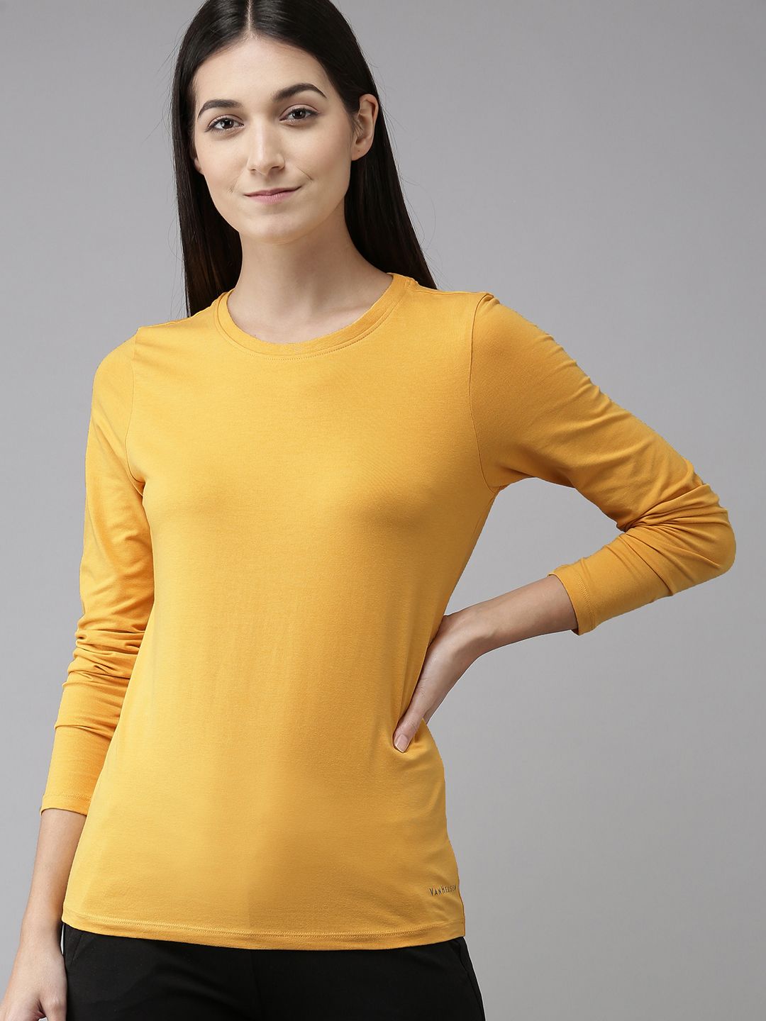 Van Heusen Women Mustard Yellow Solid Anti-Viro Round Neck Lounge T-shirt Price in India
