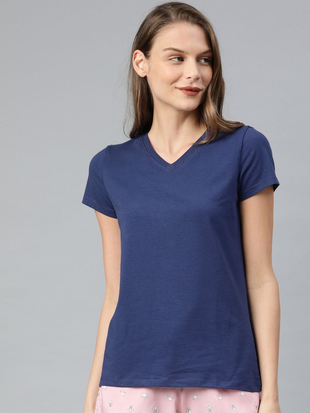 Van Heusen Women Navy Blue Solid V-Neck Lounge T-shirt Price in India