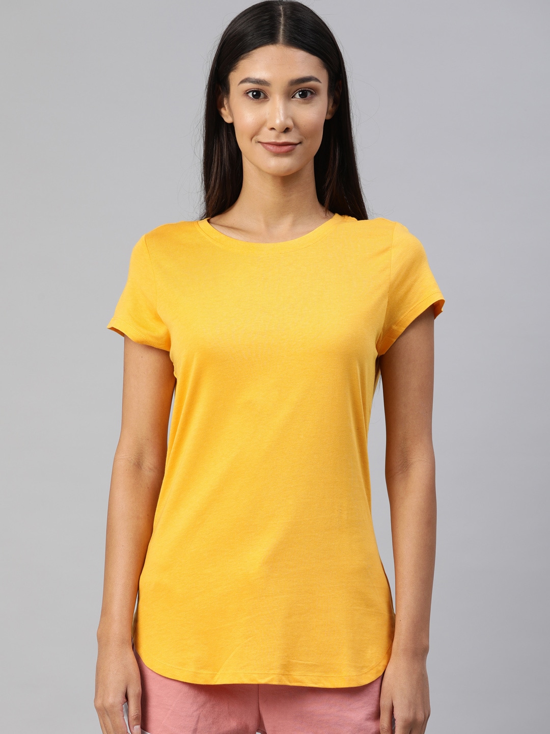 Van Heusen Women Mustard Yellow Solid Round Neck Lounge T-Shirts Price in India