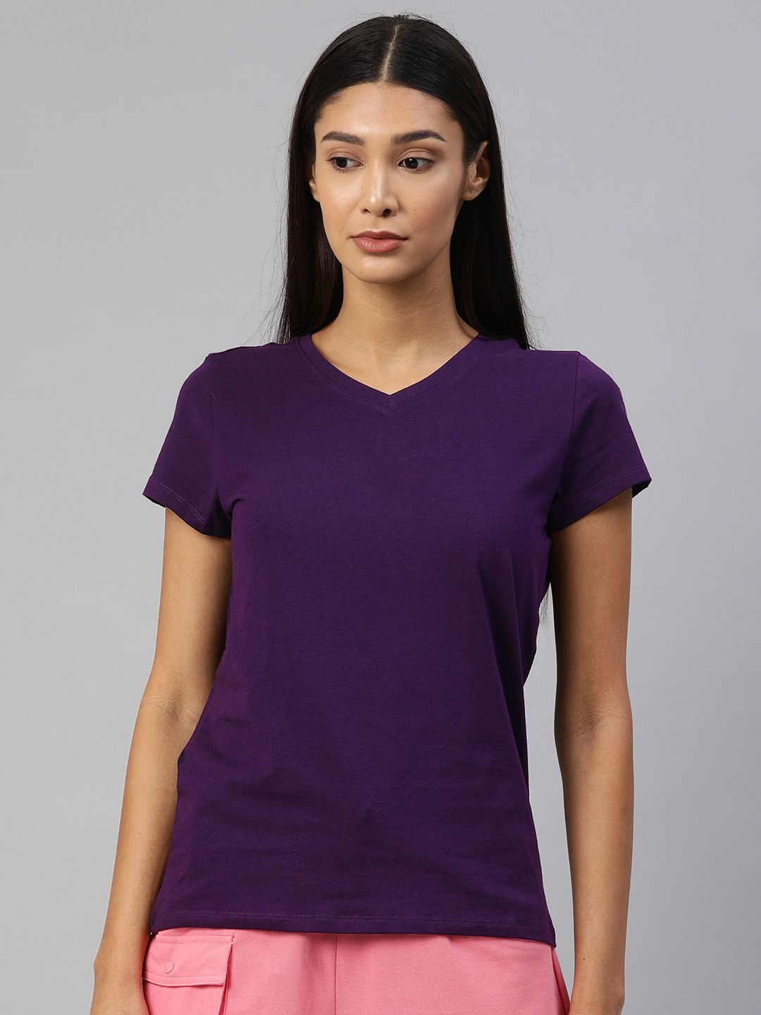 Van Heusen Women Purple Solid V-Neck Lounge T-Shirts Price in India