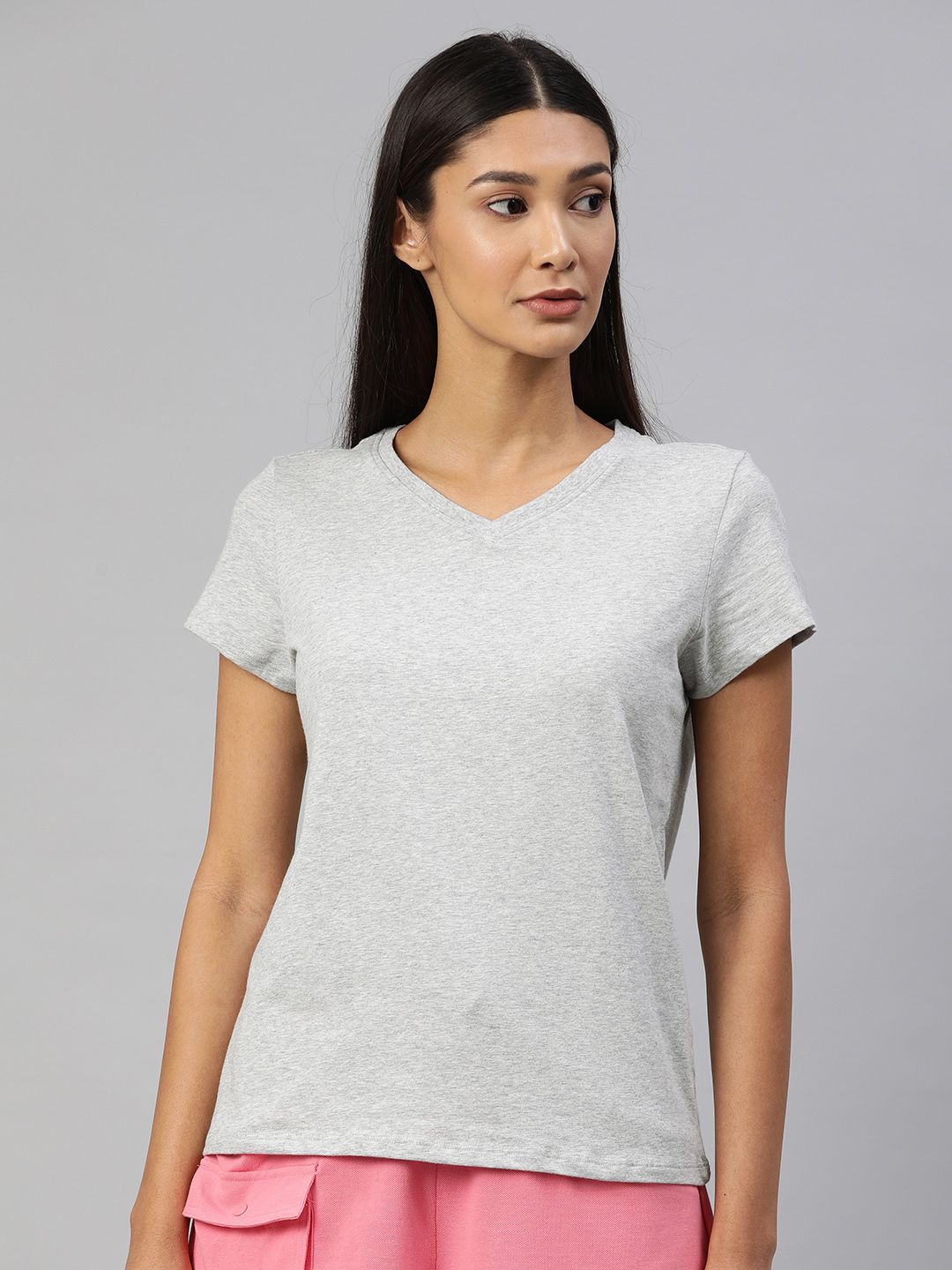 Van Heusen Women Grey Solid V-Neck Lounge T-Shirts Price in India