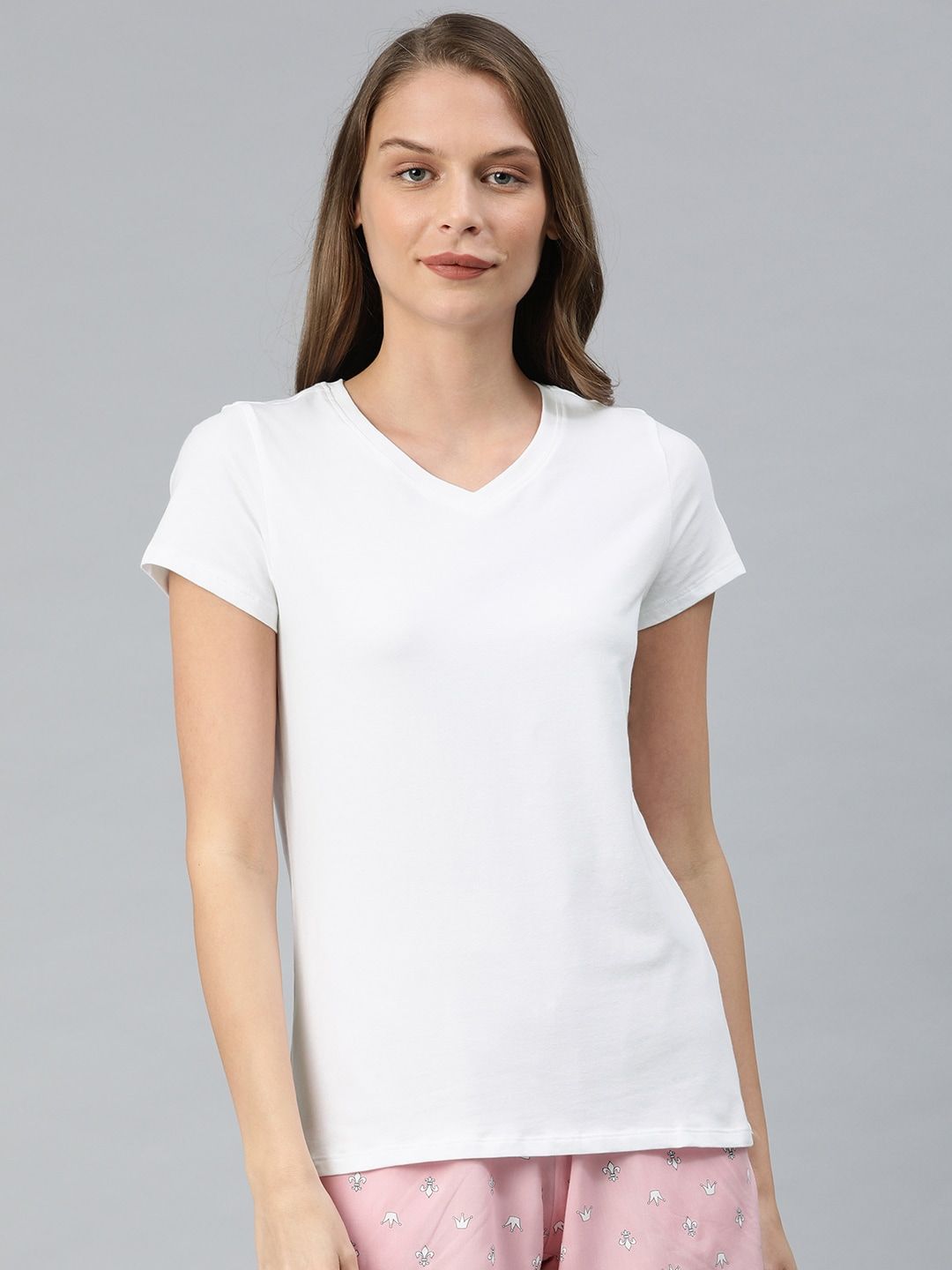 Van Heusen Women White Solid V-Neck Lounge T-shirt Price in India