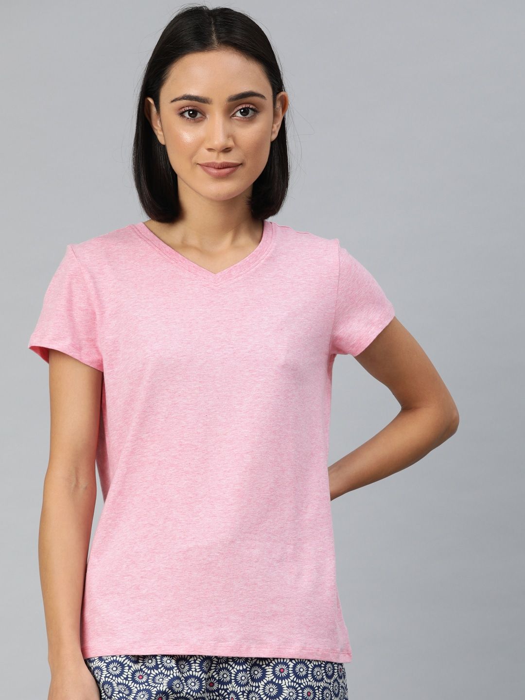 Van Heusen Women Pink Solid V-Neck Lounge T-shirt Price in India