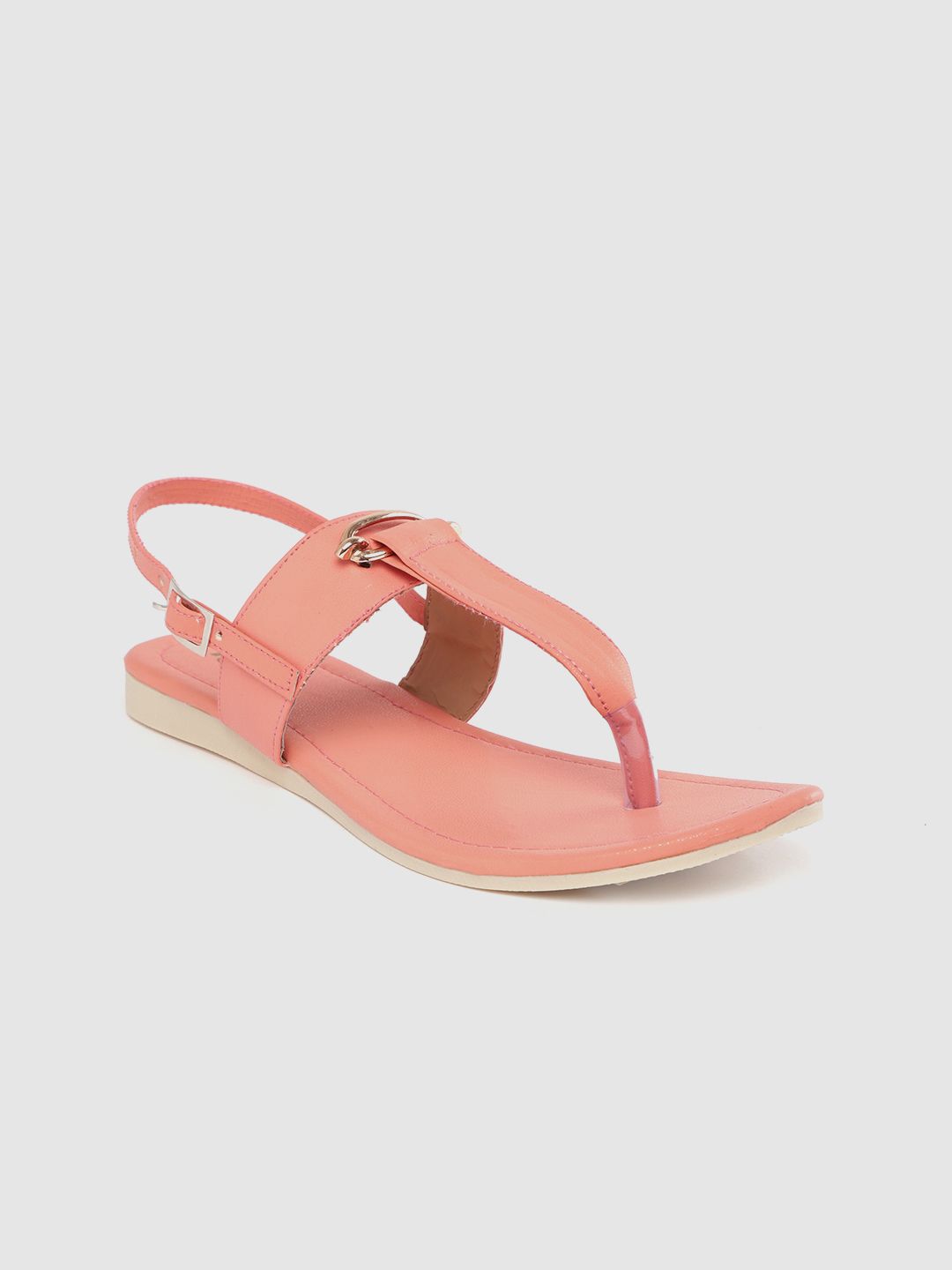 Padvesh Women Peach-Coloured Solid T-Strap Flats with Metallic Detail Price in India