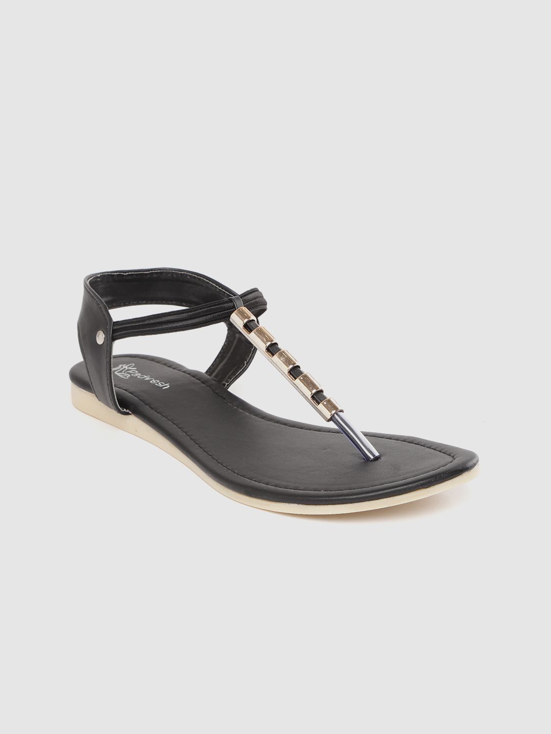 Padvesh Women Black Solid T-Strap Flats with Metallic Detail Price in India