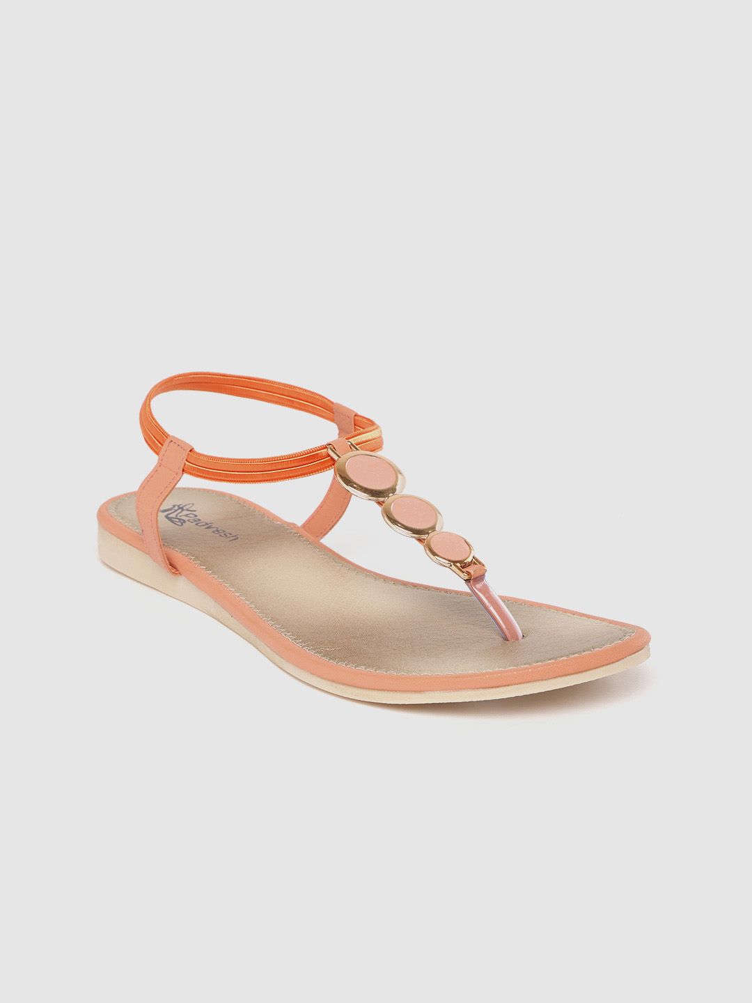 Padvesh Women Peach-Coloured & Gold-Toned Solid T-Strap Flats Price in India