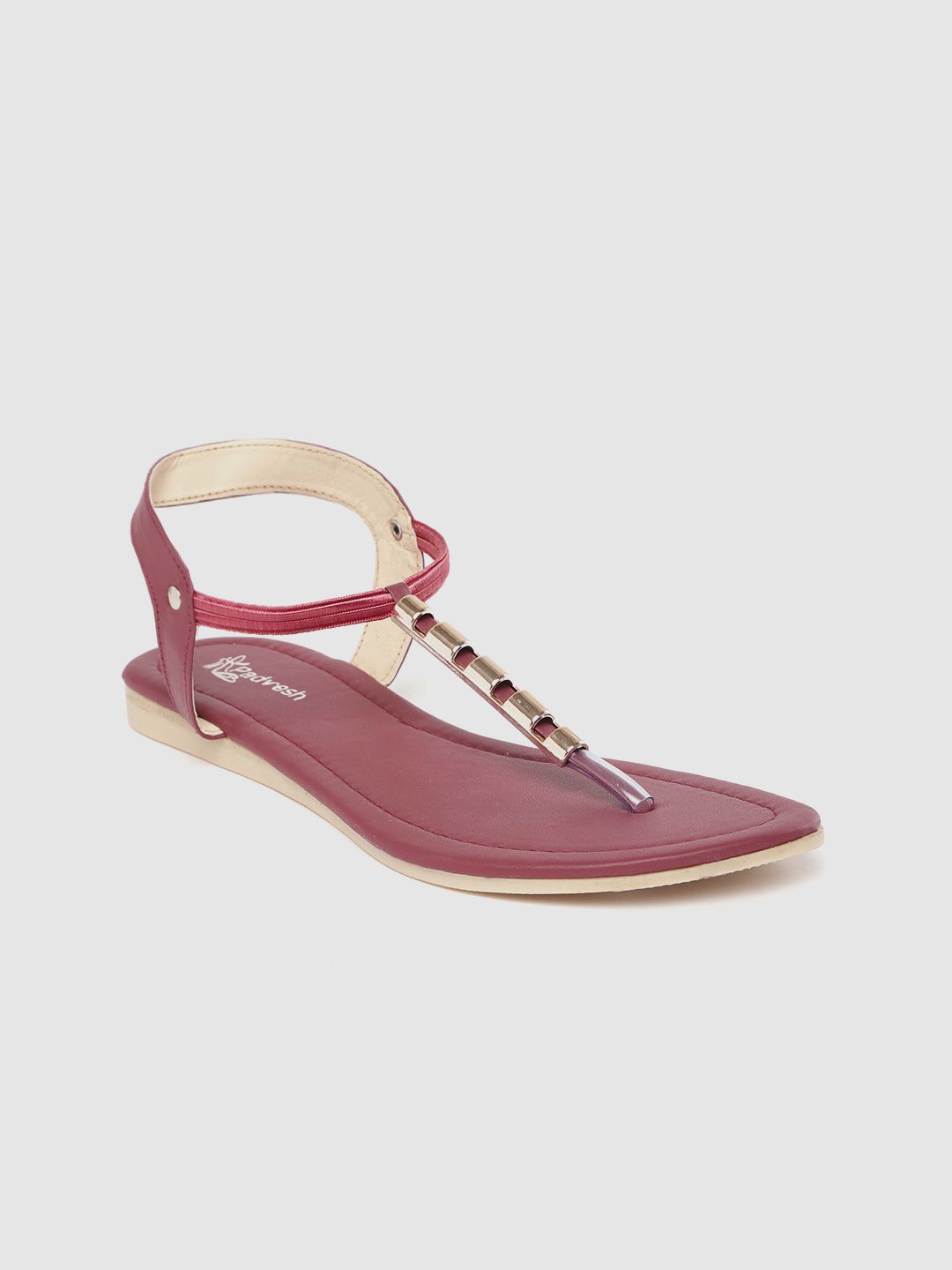 Padvesh Women Gold-Toned & Burgundy Embellished T-Strap Flats Price in India