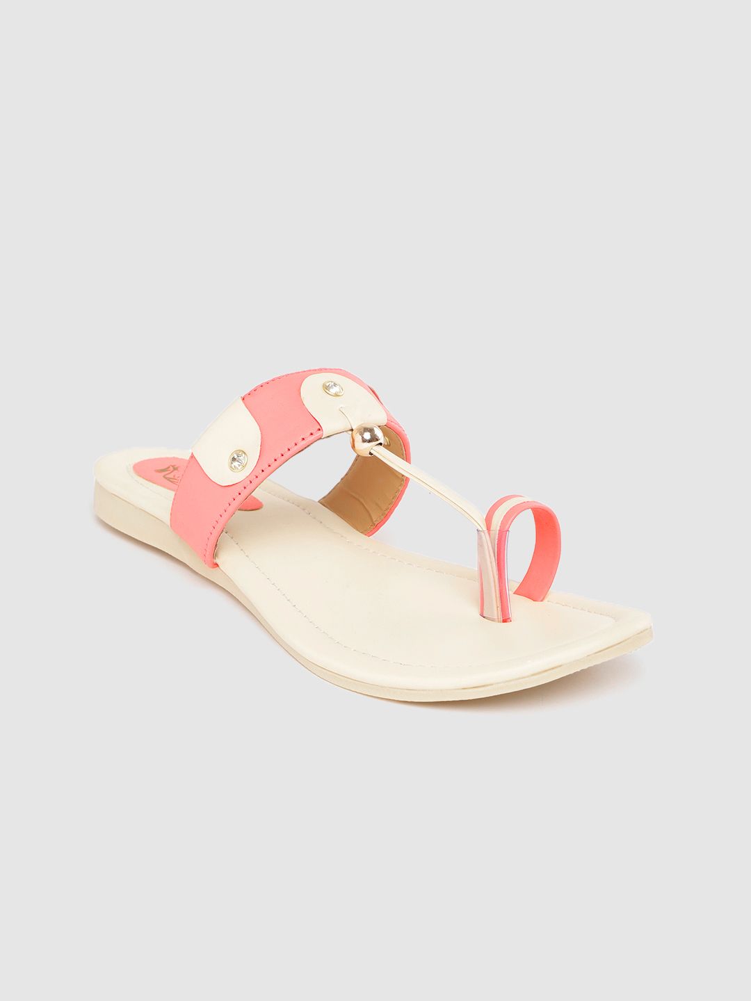Padvesh Women Coral Pink & Off-White Colourblocked One Toe Flats Price in India
