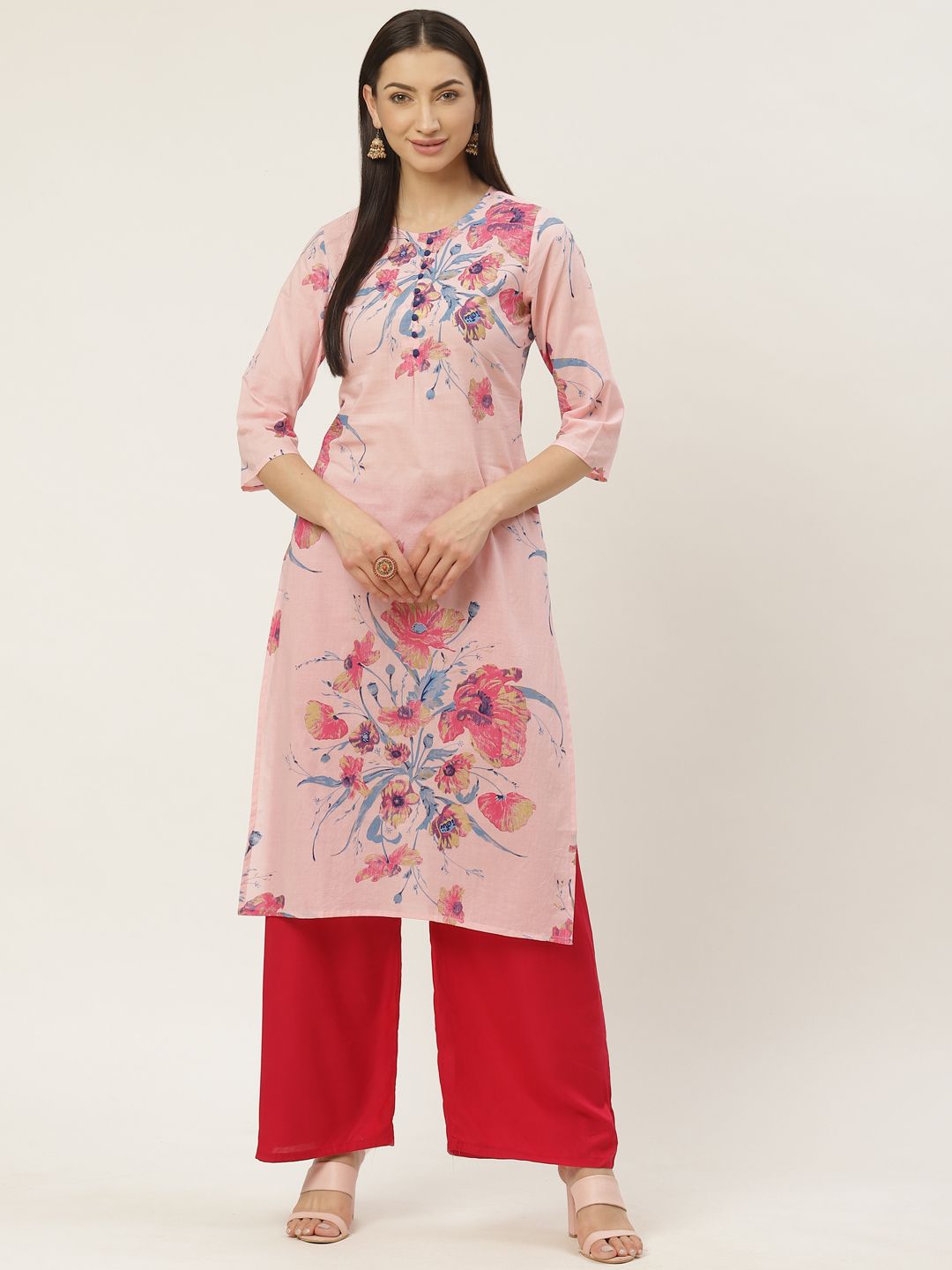 Maaesa Women Pink & Blue Floral Print Straight Kurta