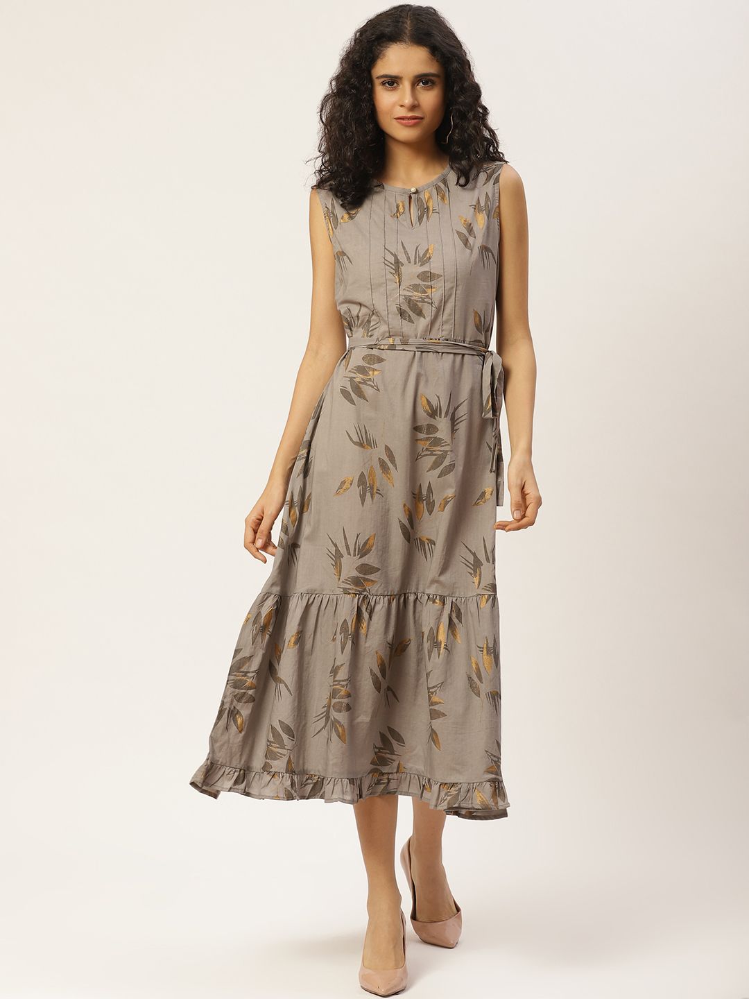 Maaesa Women Grey & Golden Printed Tiered A-Line Dress