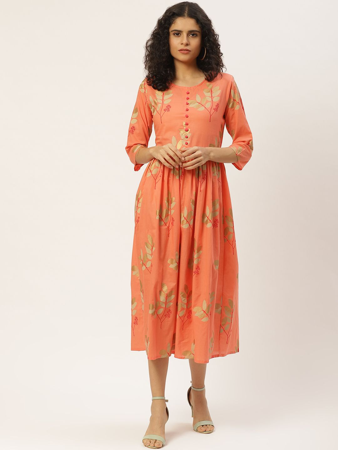 Maaesa Women Coral Orange & Golden Printed A-Line Dress