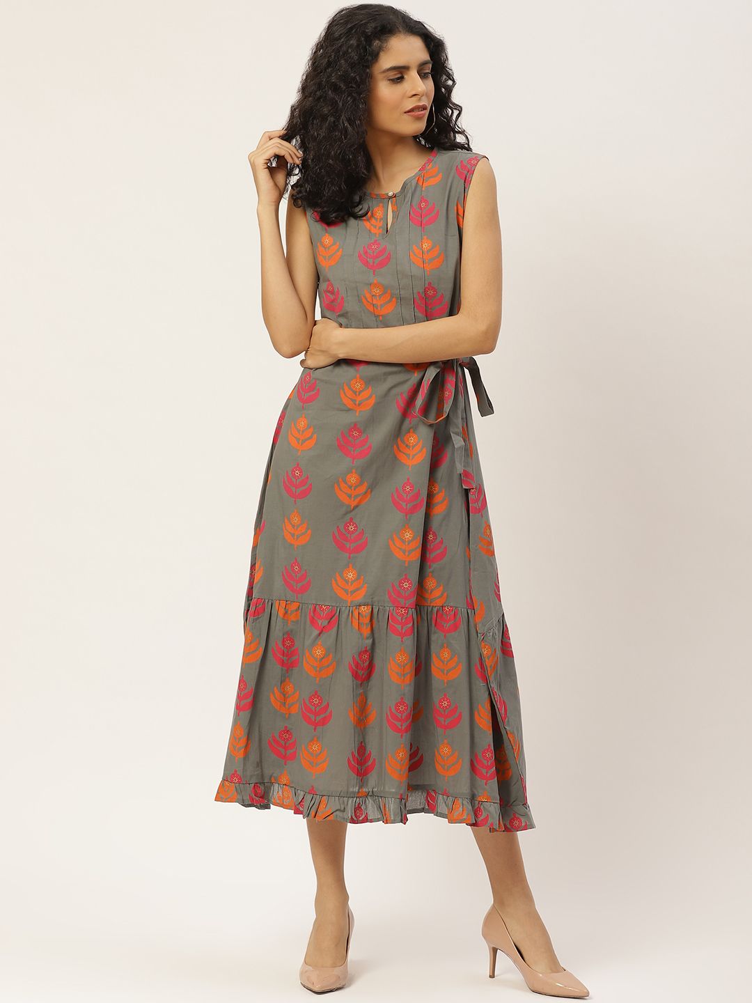 Maaesa Women Grey & Orange Printed Tiered A-Line Dress