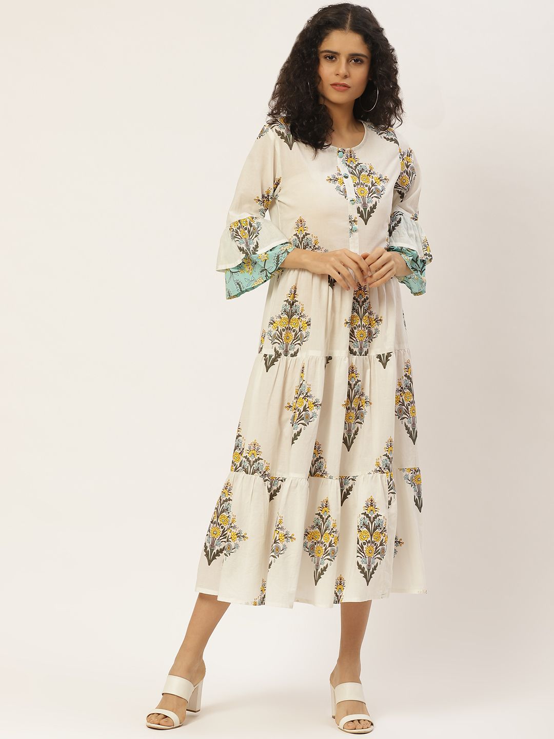 Maaesa Women White & Blue Printed Tiered A-Line Dress