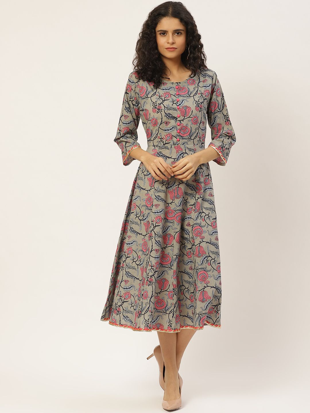 Maaesa Women Grey & Pink Printed A-Line Dress