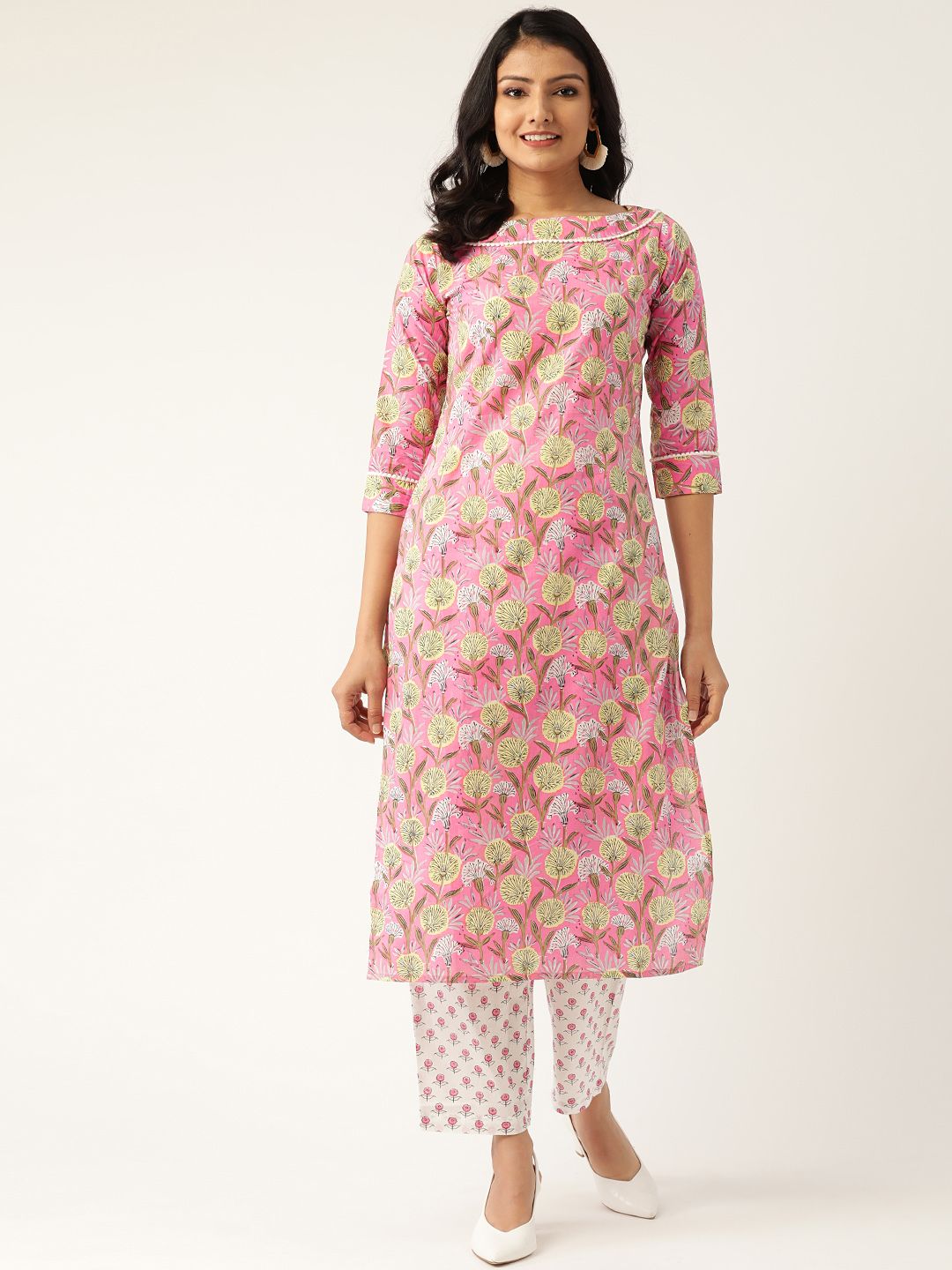 Nayo Women Pink & White Printed Kurta with Palazzos
