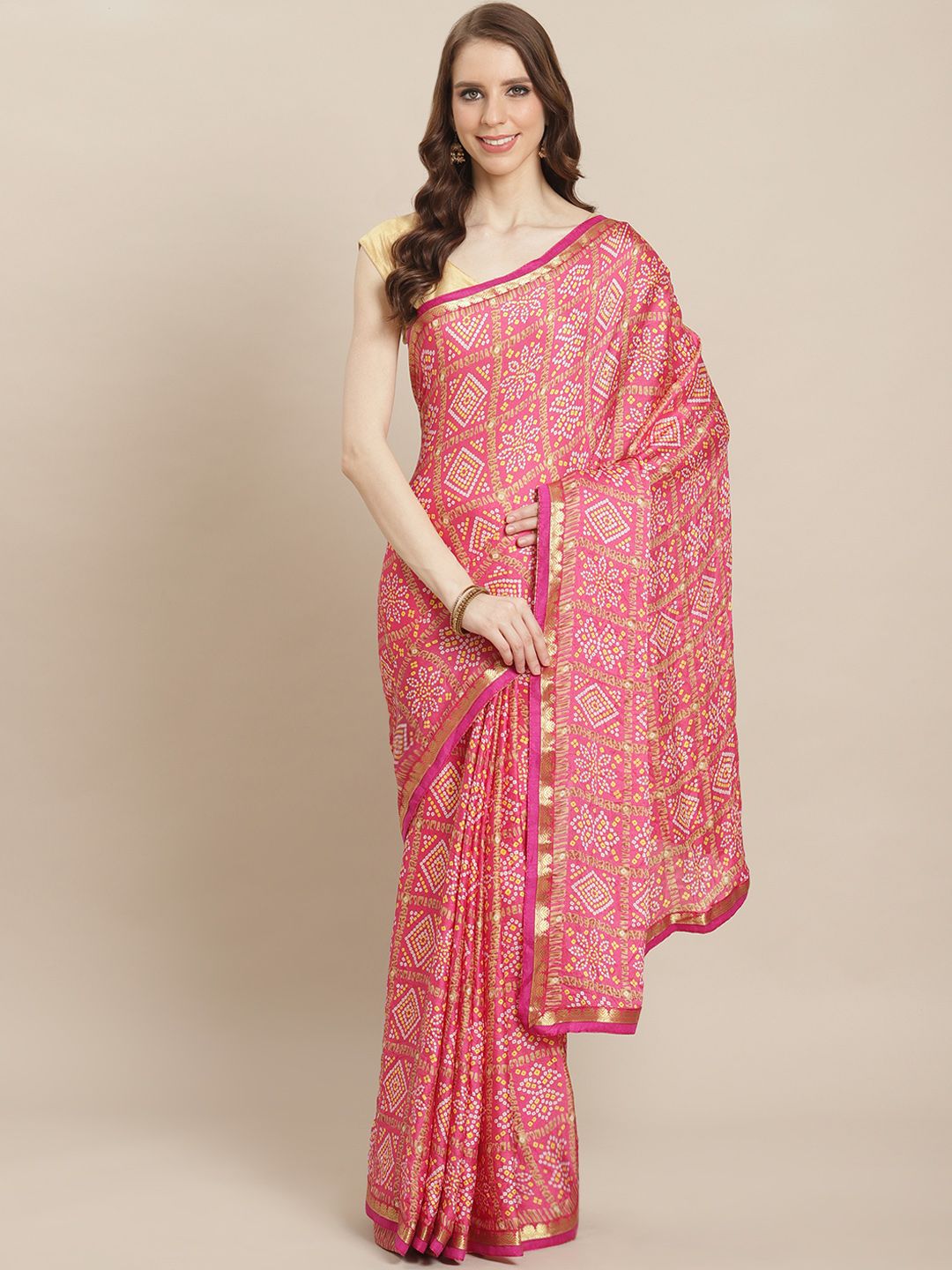 Kalista Pink & White Printed Bandhani Saree