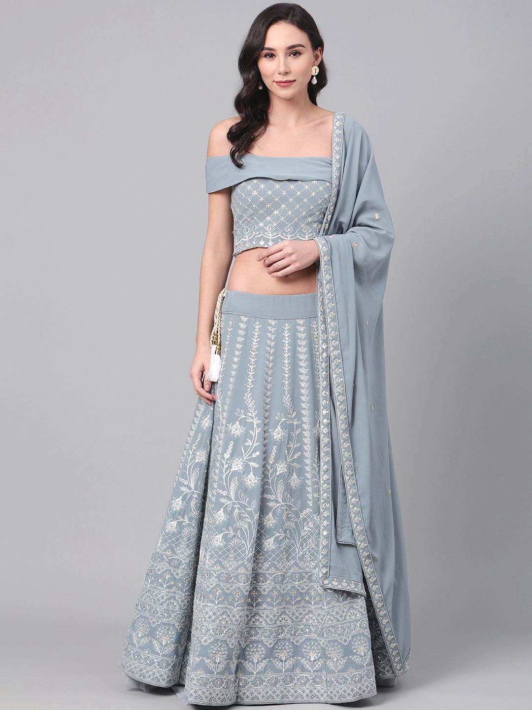 SHUBHKALA Blue & White Embroidered Semi-Stitched Lehenga & Unstitched Blouse with Dupatta Price in India
