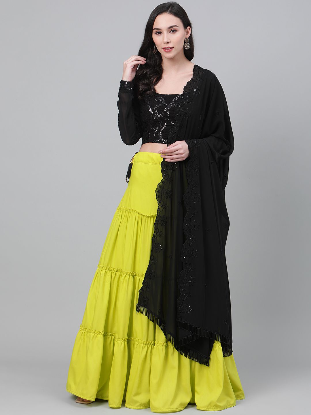 SHUBHKALA Fluorescent Green & Black Embellished Semi-Stitched Lehenga & Unstitched Blouse with Dupatta Price in India