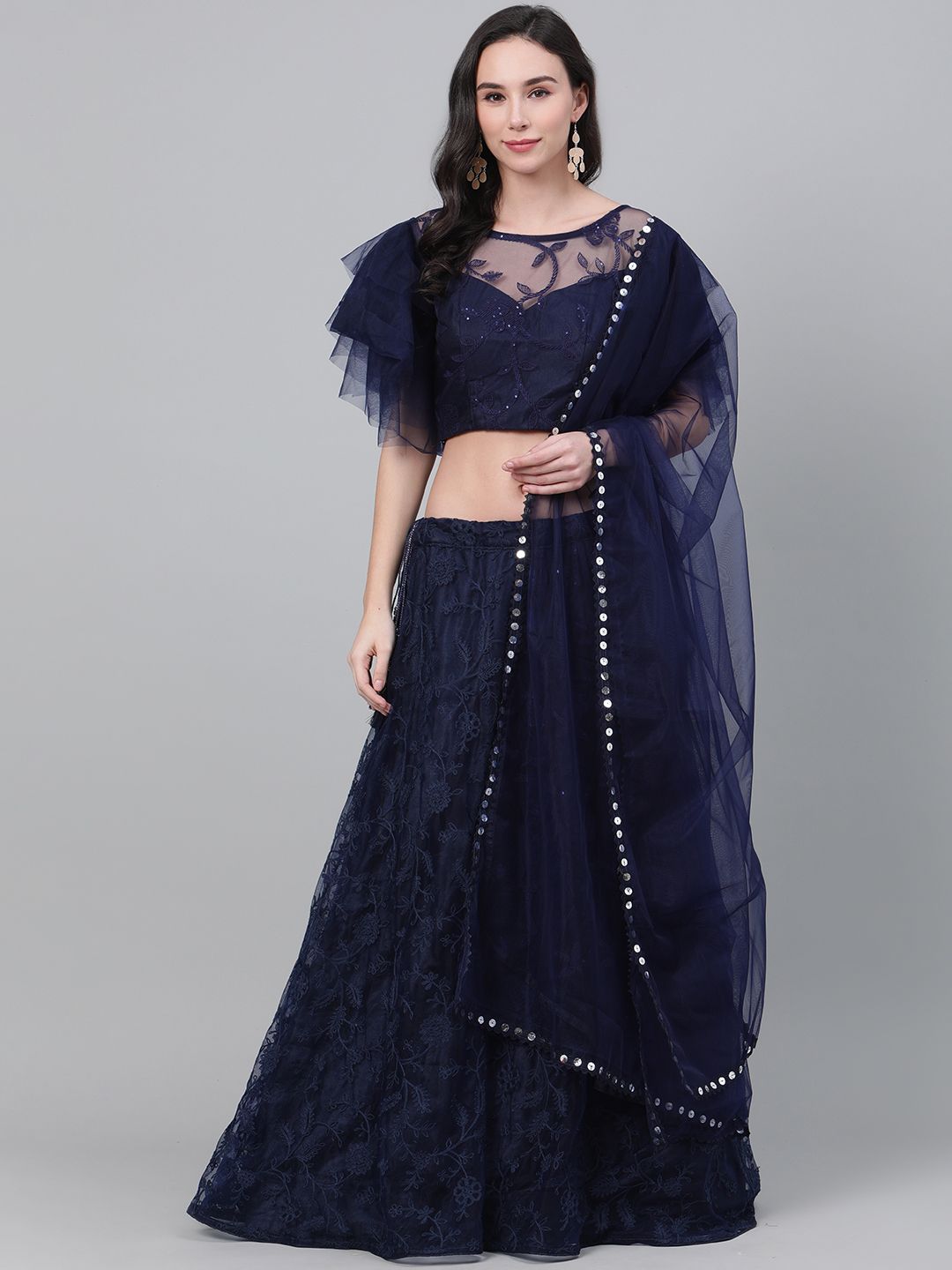 SHUBHKALA Navy Blue Embroidered Semi-Stitched Lehenga & Unstitched Blouse with Dupatta Price in India
