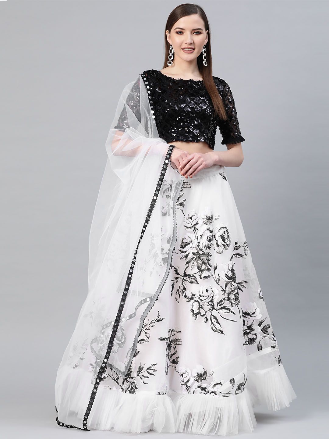 SHUBHKALA White & Black Embellished Semi-Stitched Lehenga & Unstitched Blouse with Dupatta Price in India