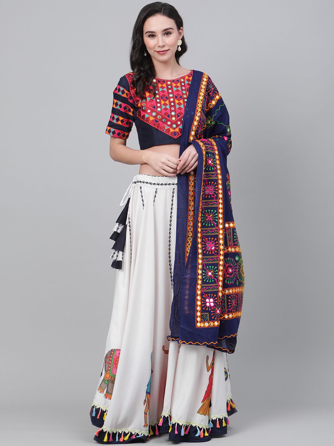 SHUBHKALA White & Navy Blue Embroidered Semi-Stitched Lehenga & Unstitched Blouse with Dupatta Price in India