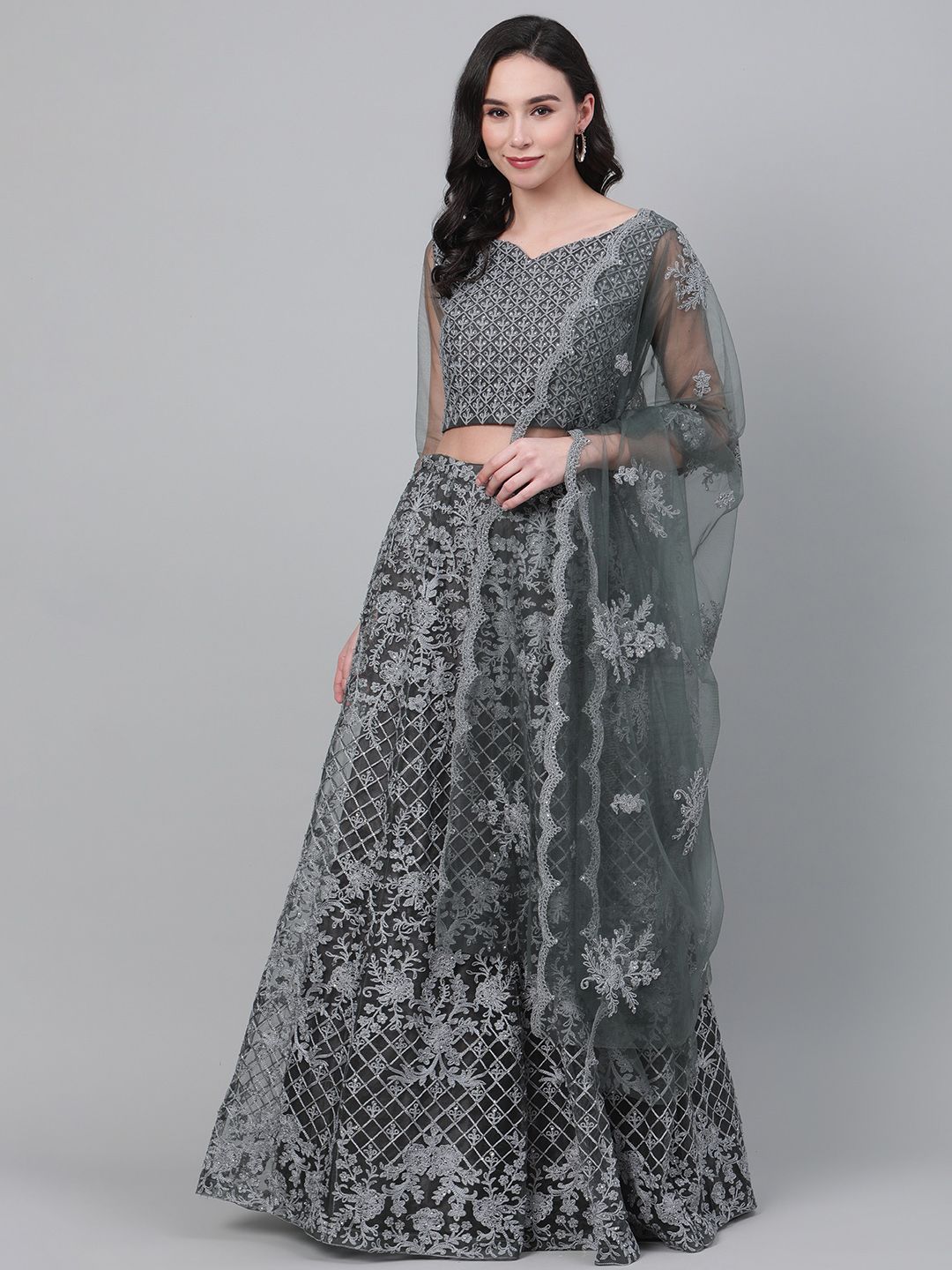 SHUBHKALA Women Grey Embroidered Semi-Stitched Lehenga Choli Price in India