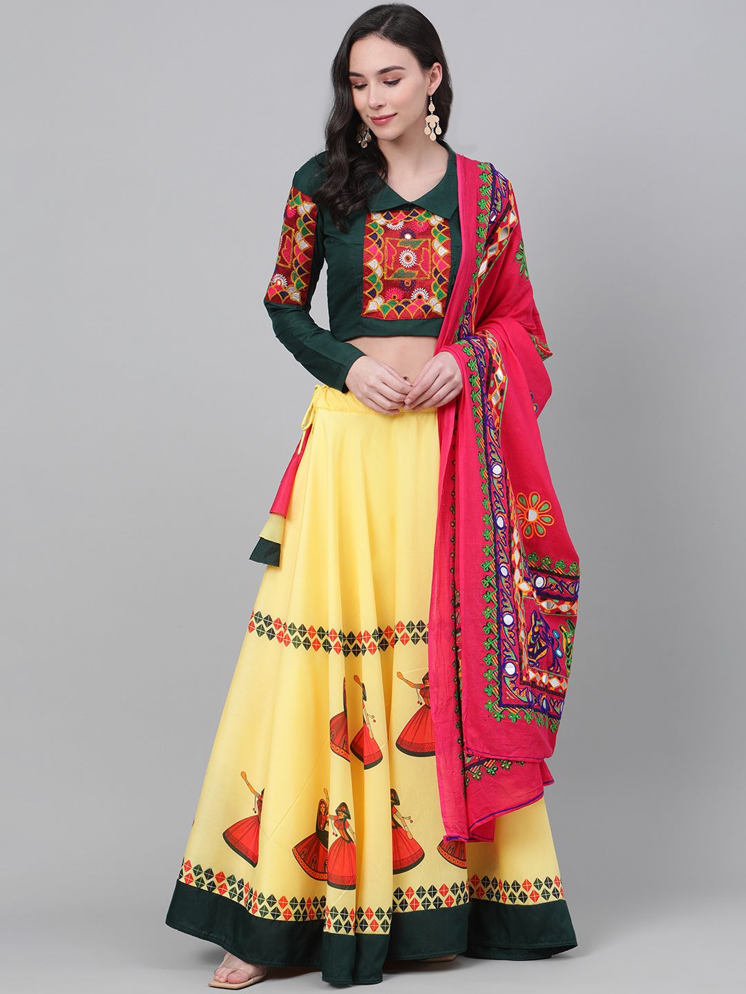 SHUBHKALA Yellow & Green Embroidered Semi-Stitched Lehenga & Unstitched Blouse with Dupatta Price in India