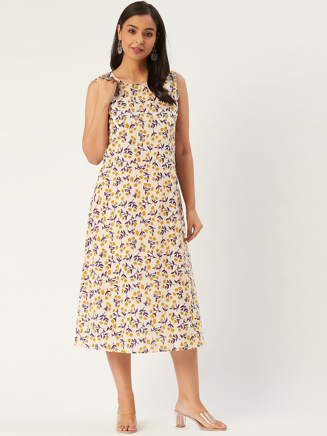 Molcha Women Off-White & Mustard Yellow Sanganeri Print Midi A-Line Dress