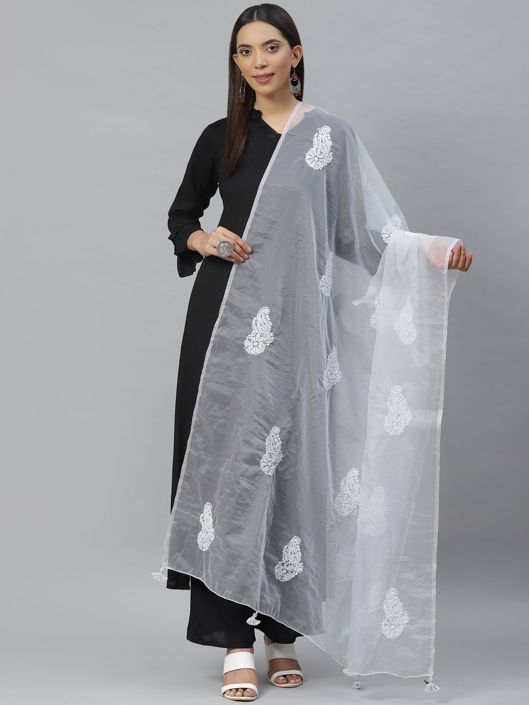 ADA Grey Organza Chikankari Hand Embroidered Semi Sheer Sustainable Dupatta Price in India