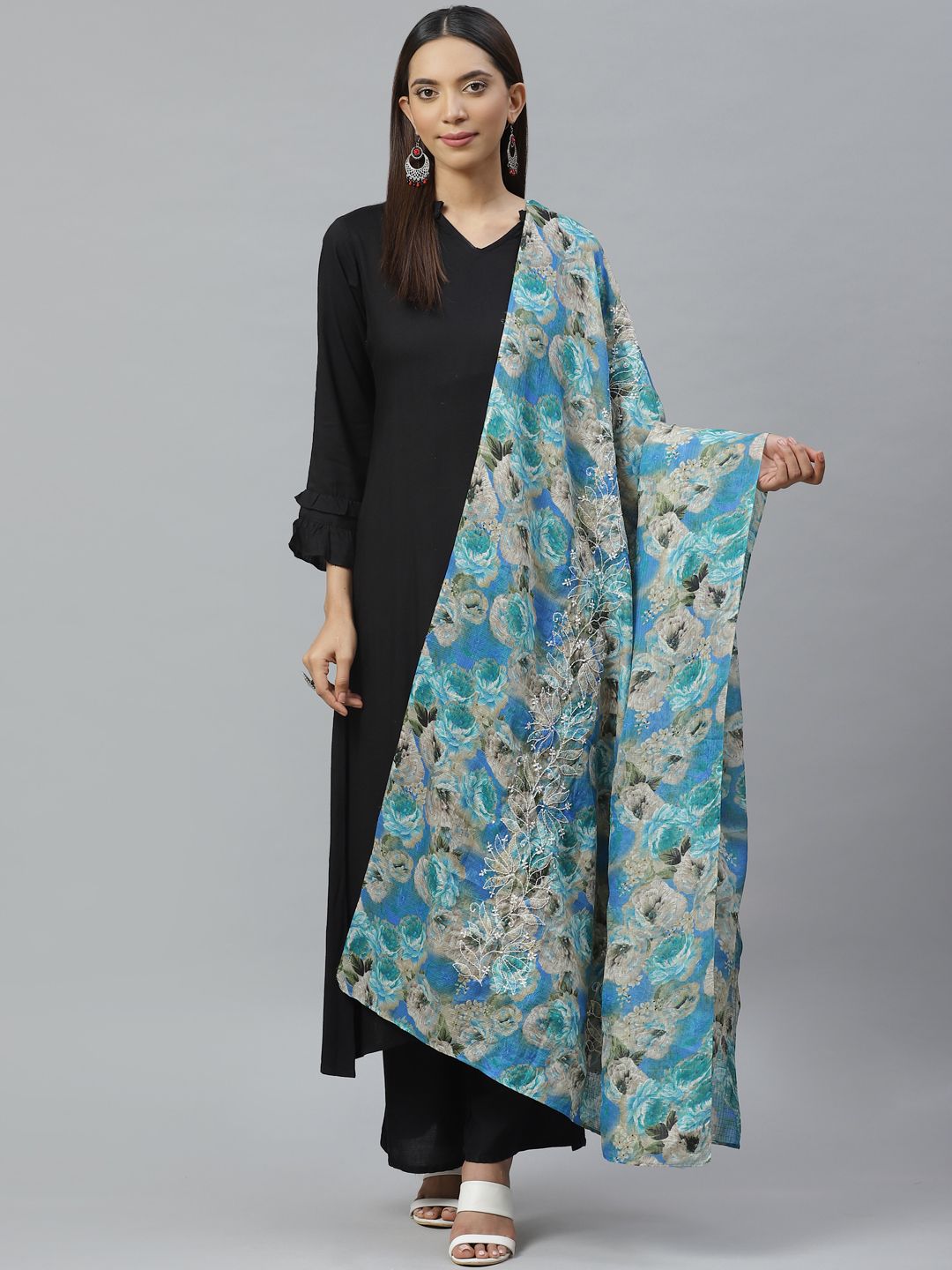 ADA Blue & Grey Floral Print  Sustainable Kota Dupatta with Chikankari Hand Embroidery Price in India