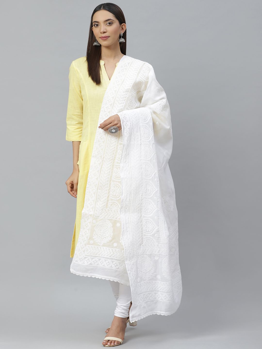 ADA White Chikankari Hand Embroidered Sustainable Cotton Dupatta