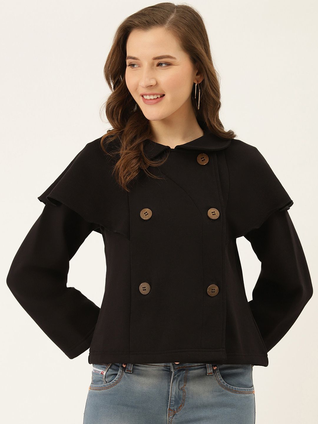 The Dry State Women Black Solid Cape Style Tailored Jacket Price in India