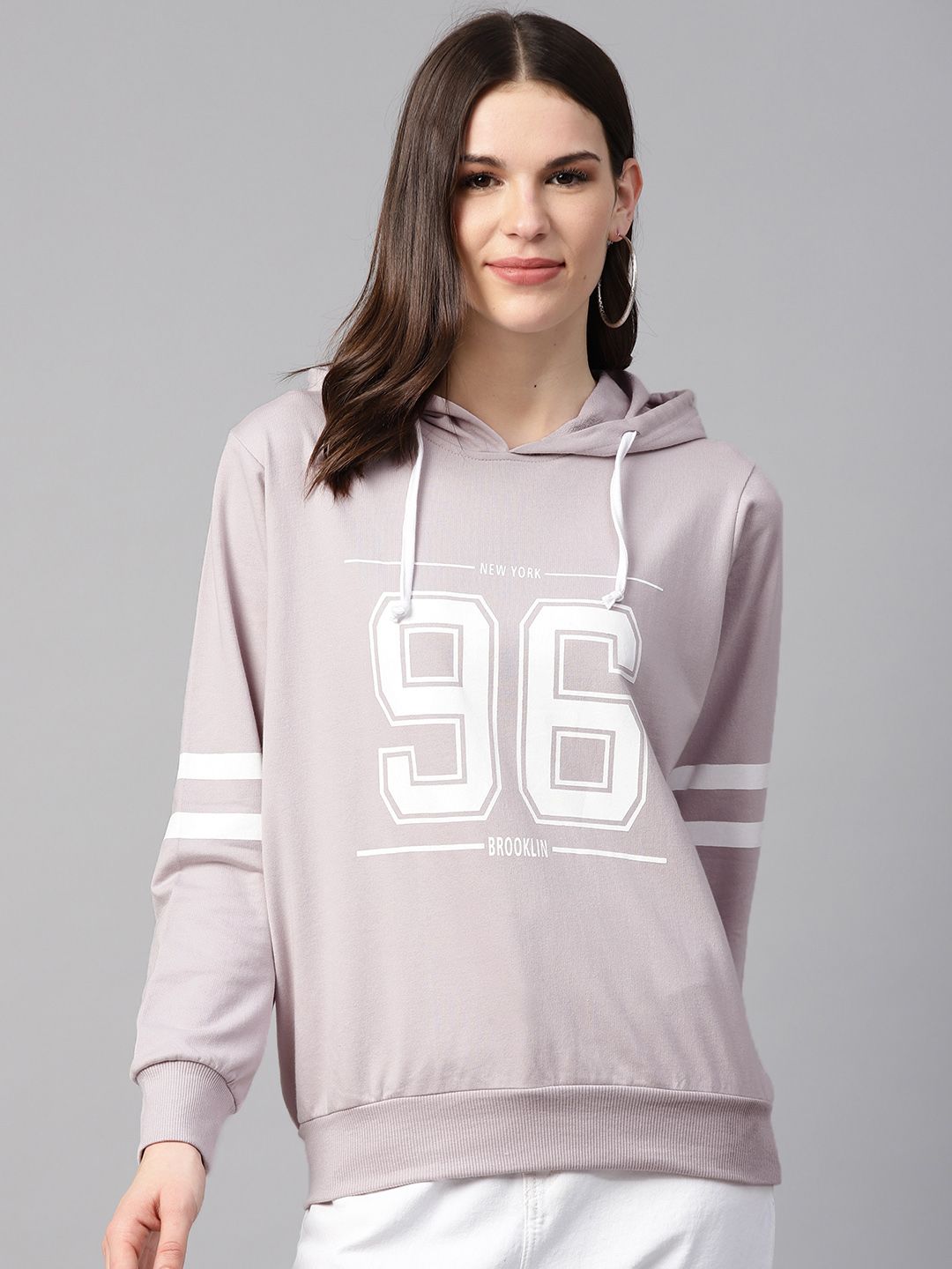 plusS Women Lavender & White Printed Hooded Sweatshirt Price in India