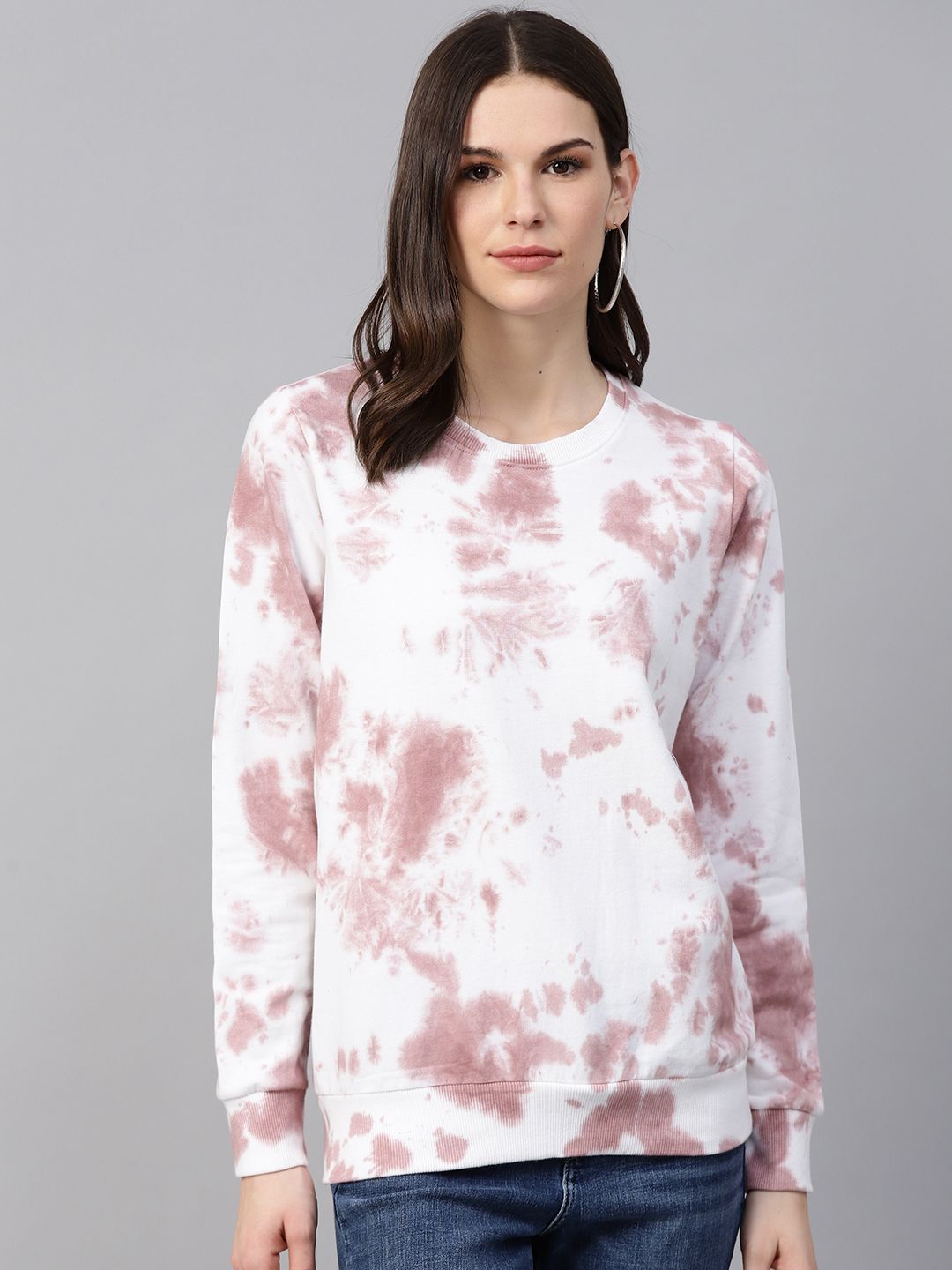 plusS Women White & Mauve Tie & Dye Print Sweatshirt Price in India