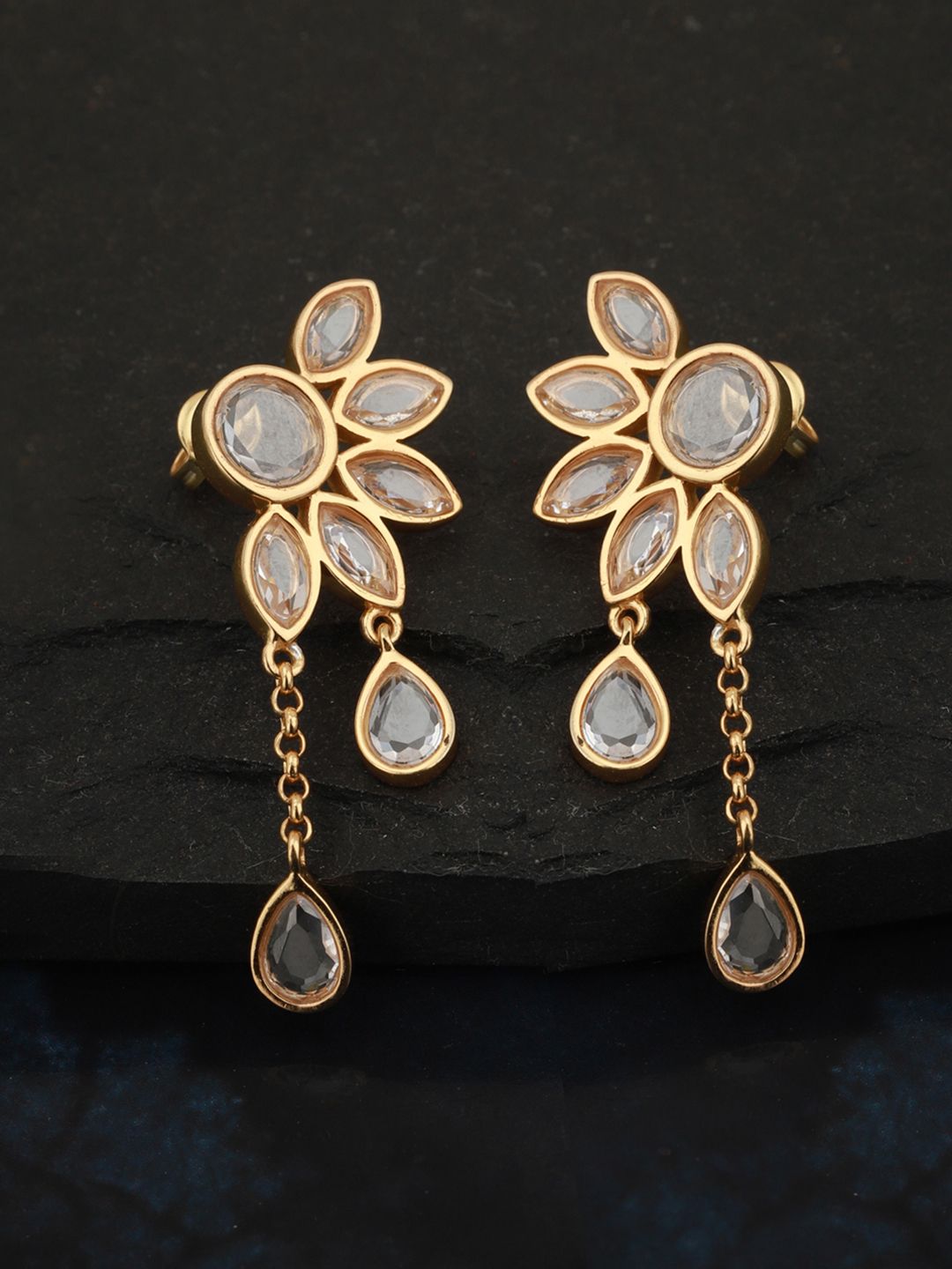 Carlton London Transparent Gold-Plated Handcrafted Stone-Studded Floral Drop Earrings Price in India
