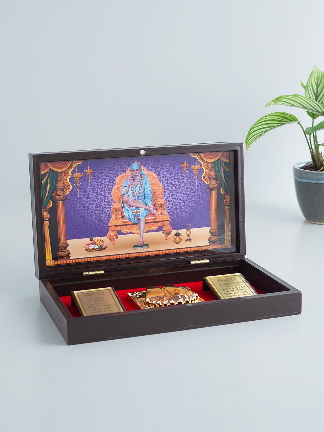 Golden Peacock Brown & Blue 24 CT Gold Foil Wooden Sri Sai Baba Pooja Box Price in India