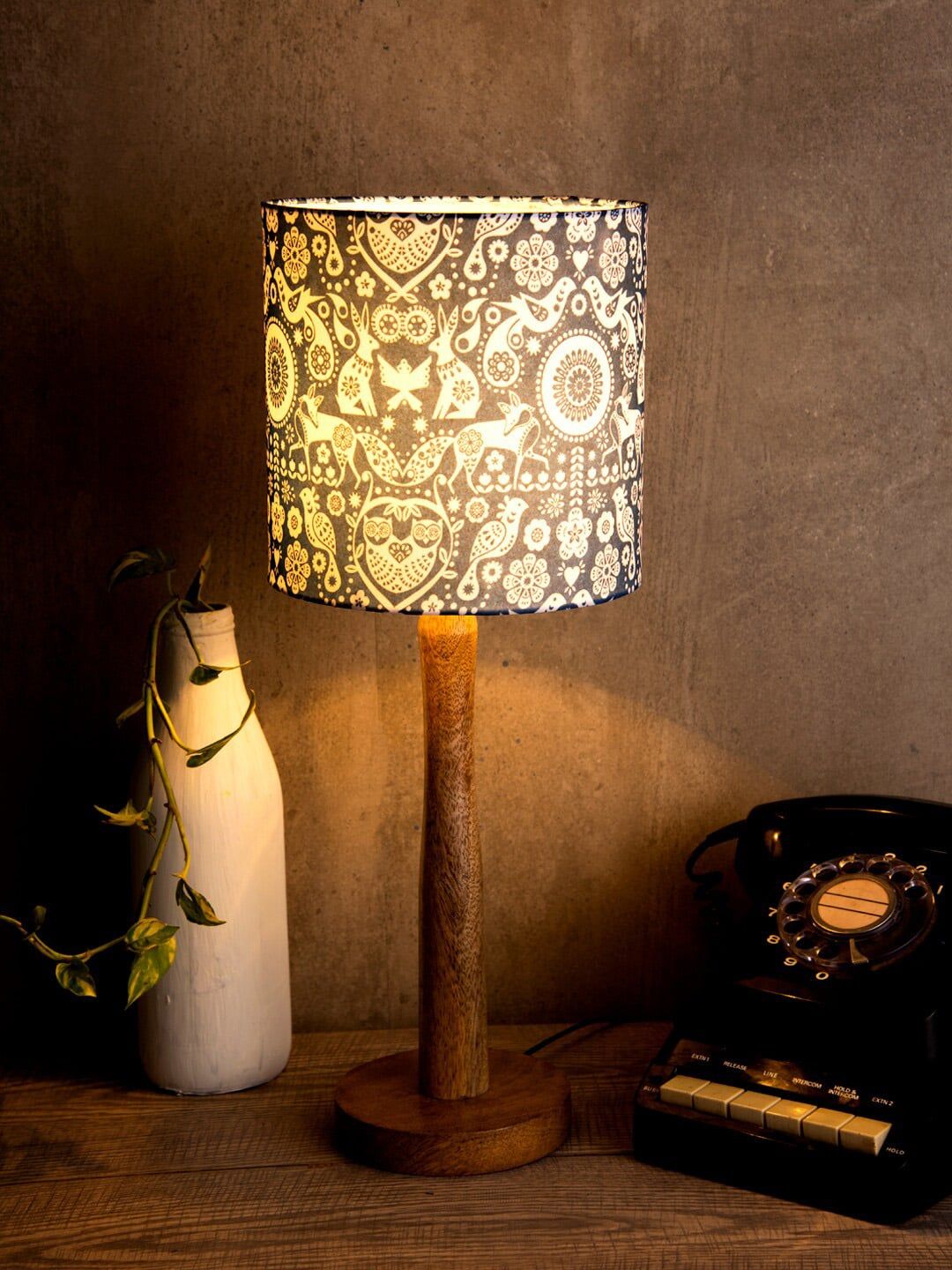 green girgit Navy Blue & Beige Indian Art Printed Contemporary Table Lamp Price in India