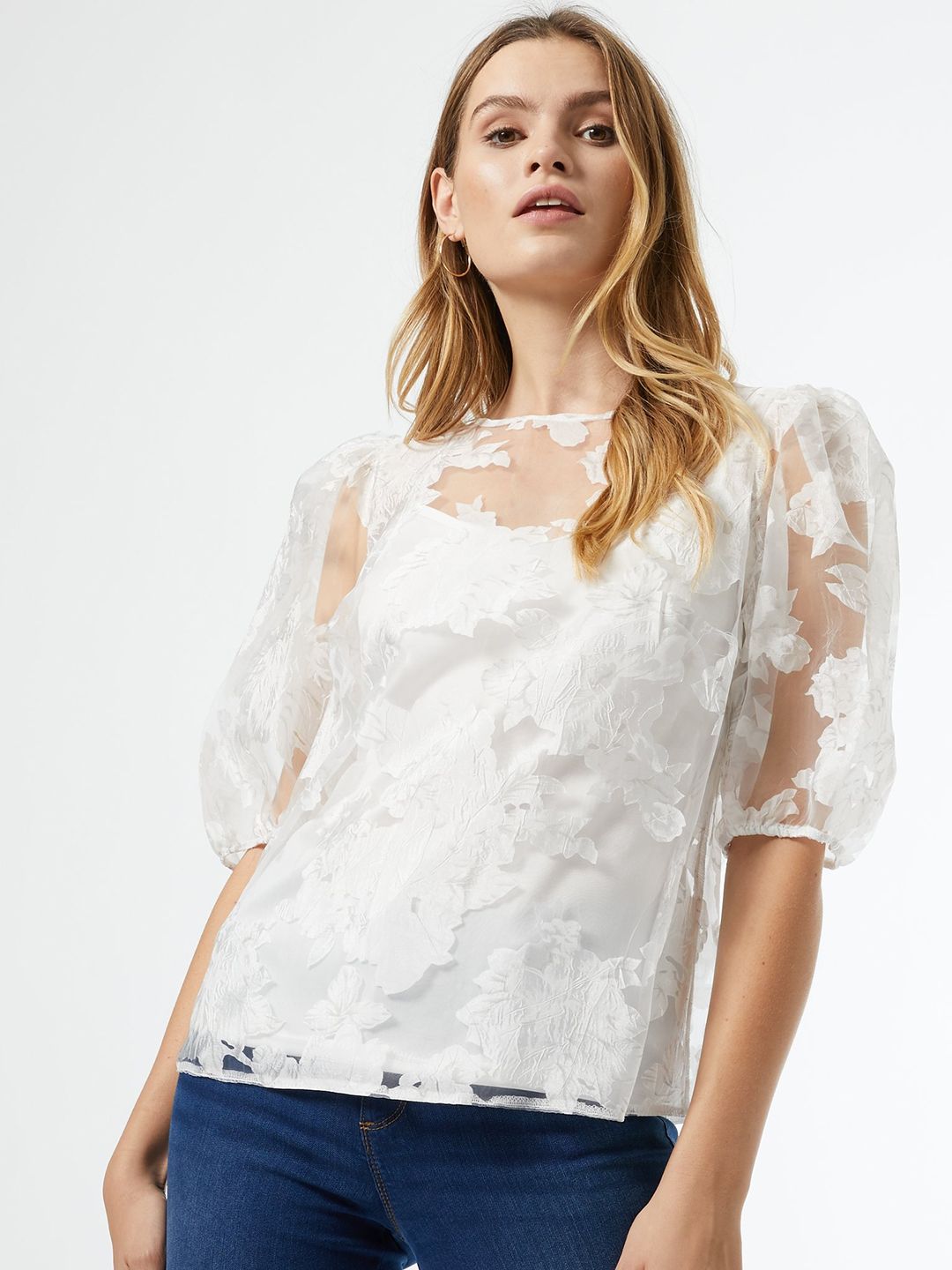 DOROTHY PERKINS Women White Lace Puff Sleeve Top