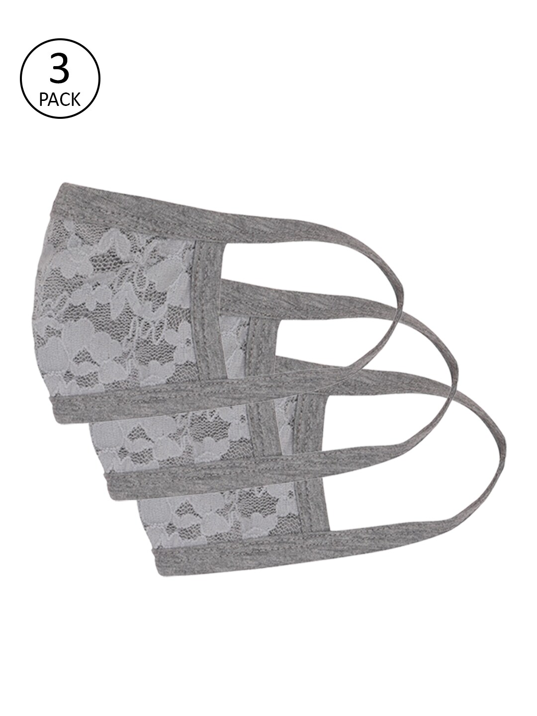 Skidlers Women Pack of 3 Pcs Grey Lace Reusable 2-Ply Outdoor Cloth Masks Price in India