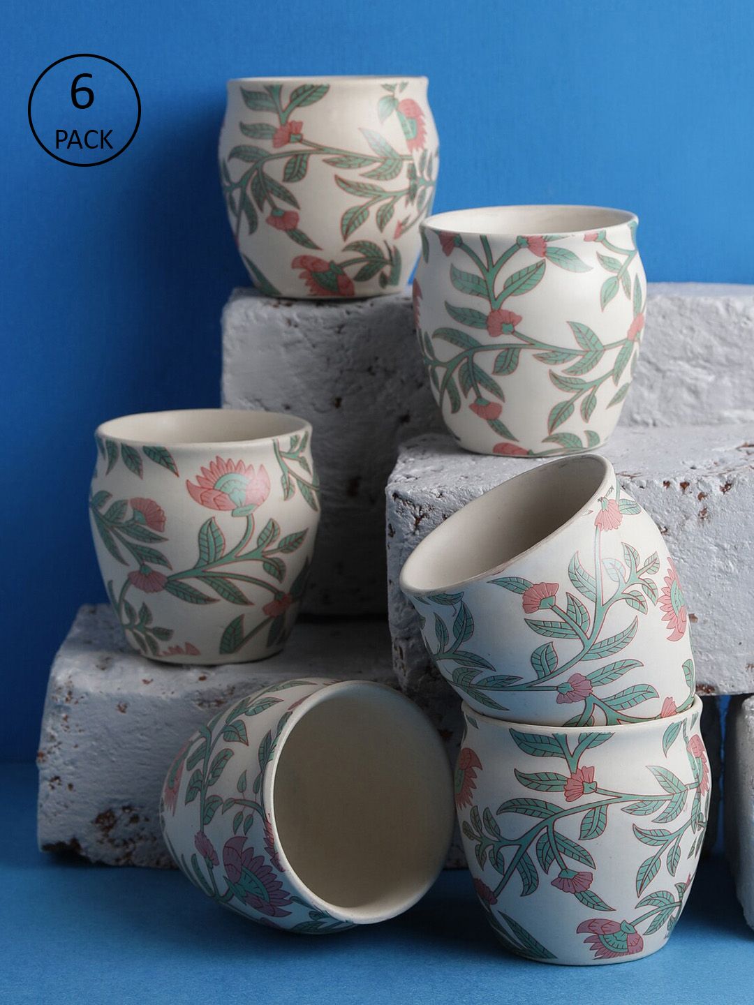 MIAH Decor Set Of 6 Off-White & GreenPrinted Ceramic Cups Price in India